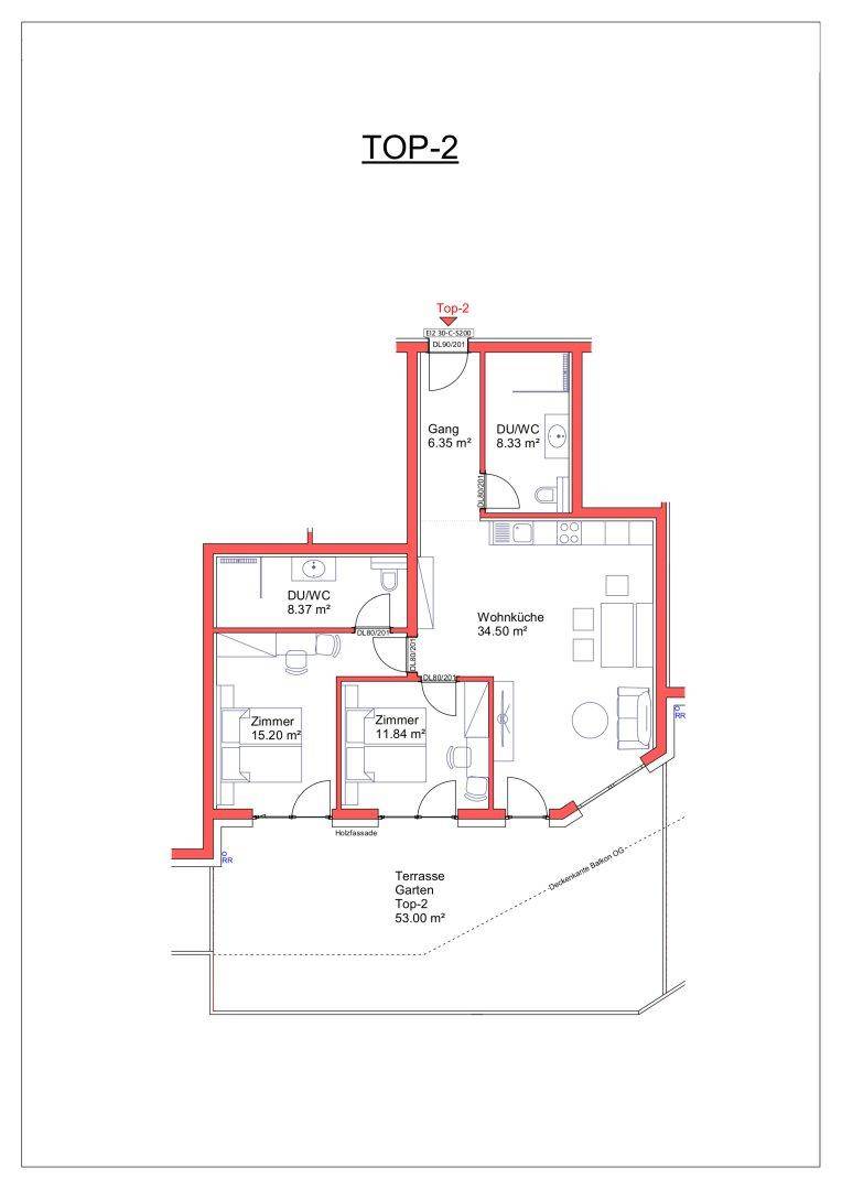 Grundriss der Wohnung TOP-2 mit Wohnküche, zwei Zimmern und großer Terrasse.