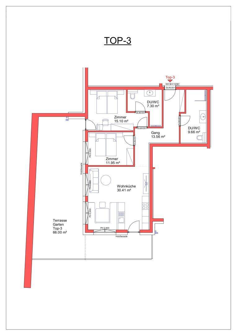 Grundriss der Wohnung TOP-3 mit zwei Schlafzimmern, Wohnküche und großer Terrasse.