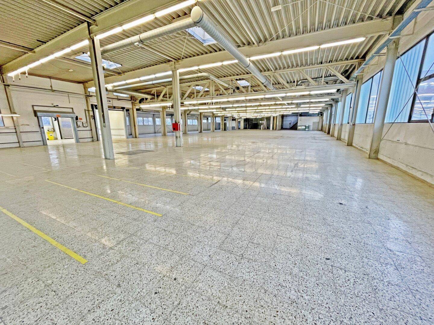 Weitläufige Lagerhalle mit hohen Decken, großen Fenstern und einem sauberen Industrieboden.