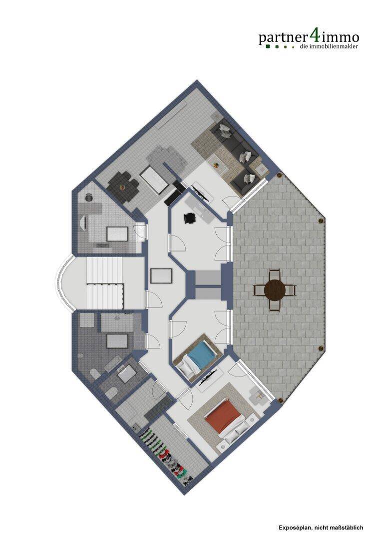 Grundriss einer Wohnung mit offenem Wohnbereich, mehreren Schlafzimmern und einer großen Terrasse.