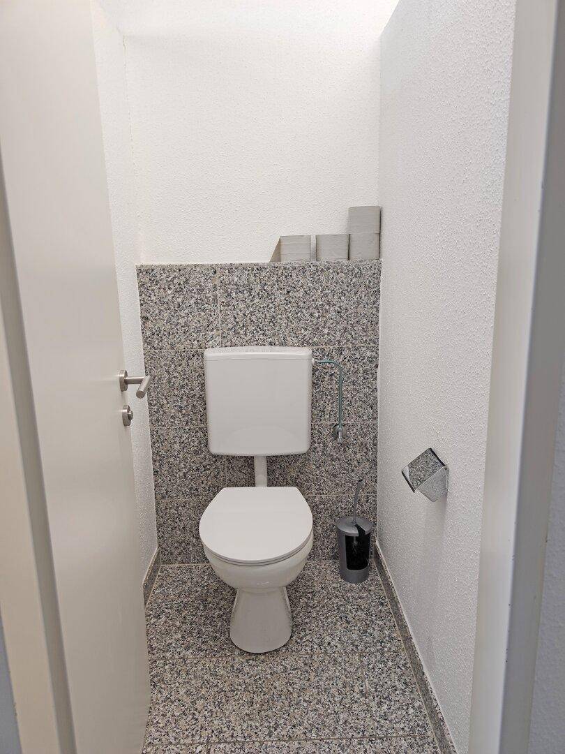 Separate Toilette mit Steinfliesen an der Wand und passendem Bodenbelag.
