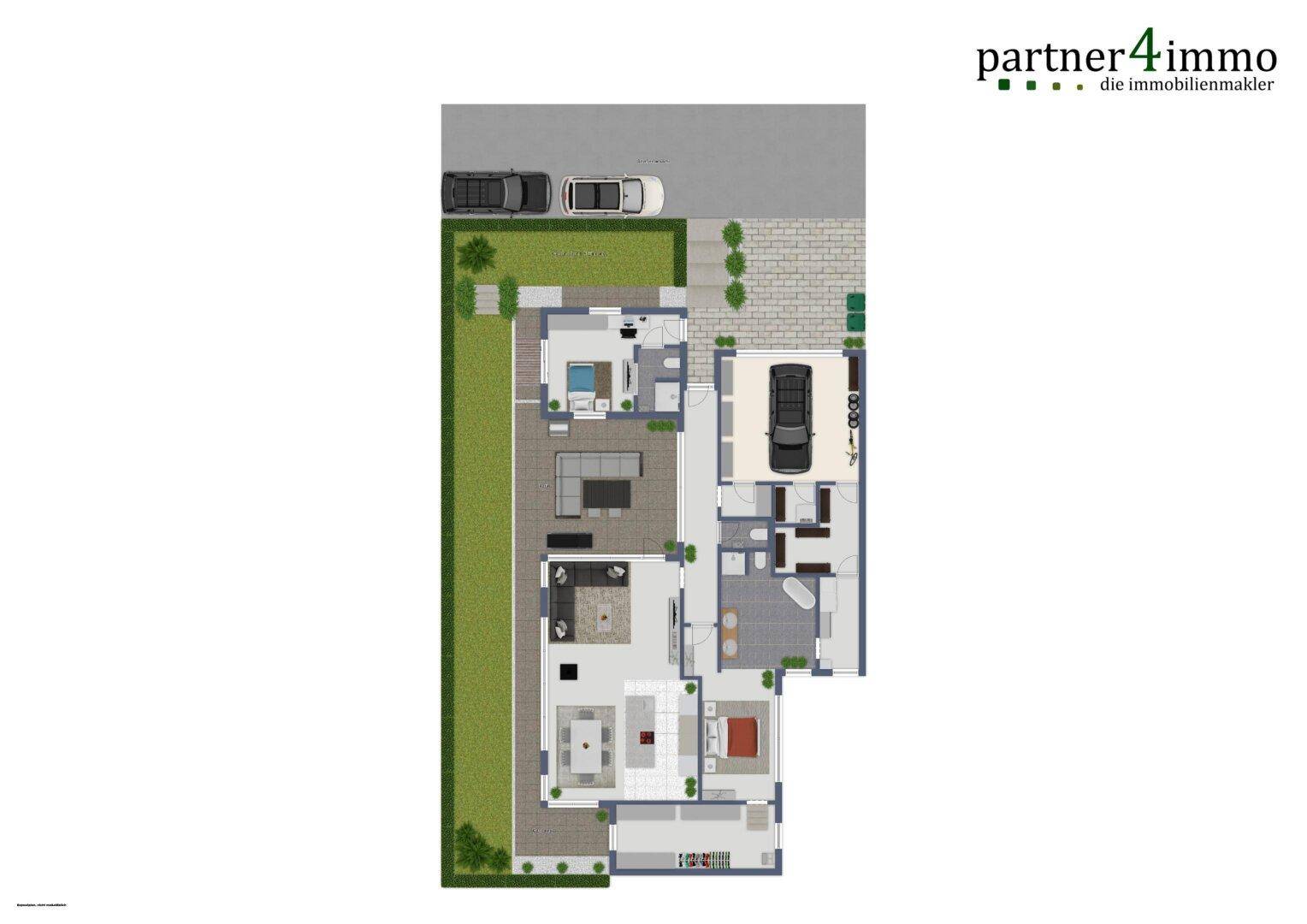 Detaillierter Grundriss des Erdgeschosses mit Wohnbereichen, Küche und Garage.