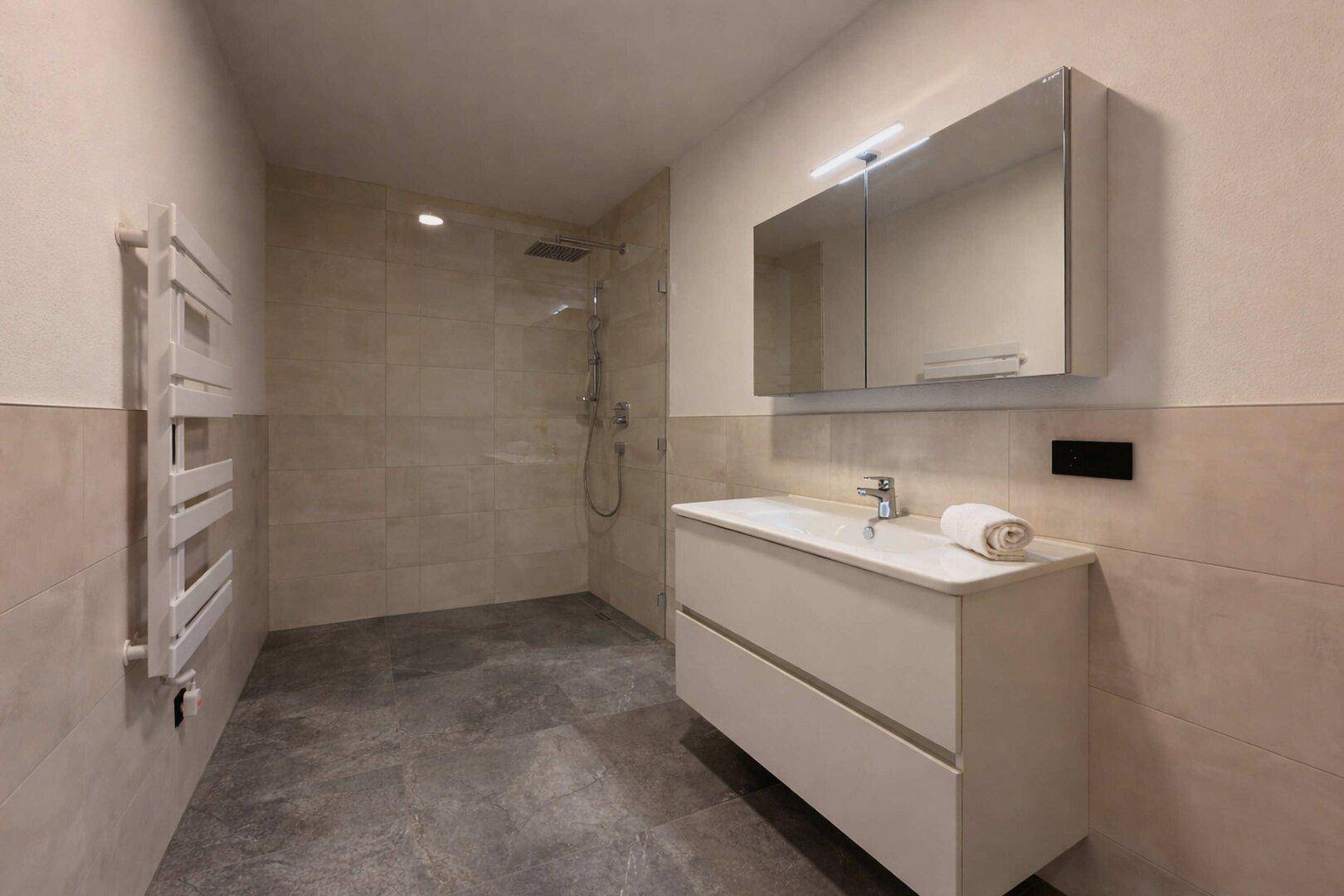 Modernes Badezimmer mit begehbarer Dusche, Waschtisch und beheiztem Handtuchhalter.