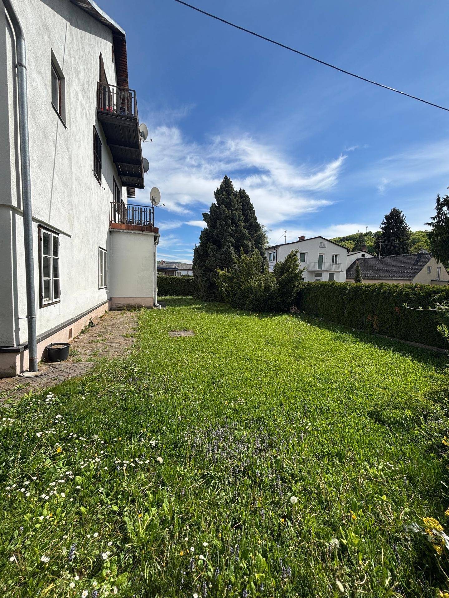 Seitlicher Blick auf das Wohnhaus mit großem, gepflegtem Rasenbereich und Hecke.