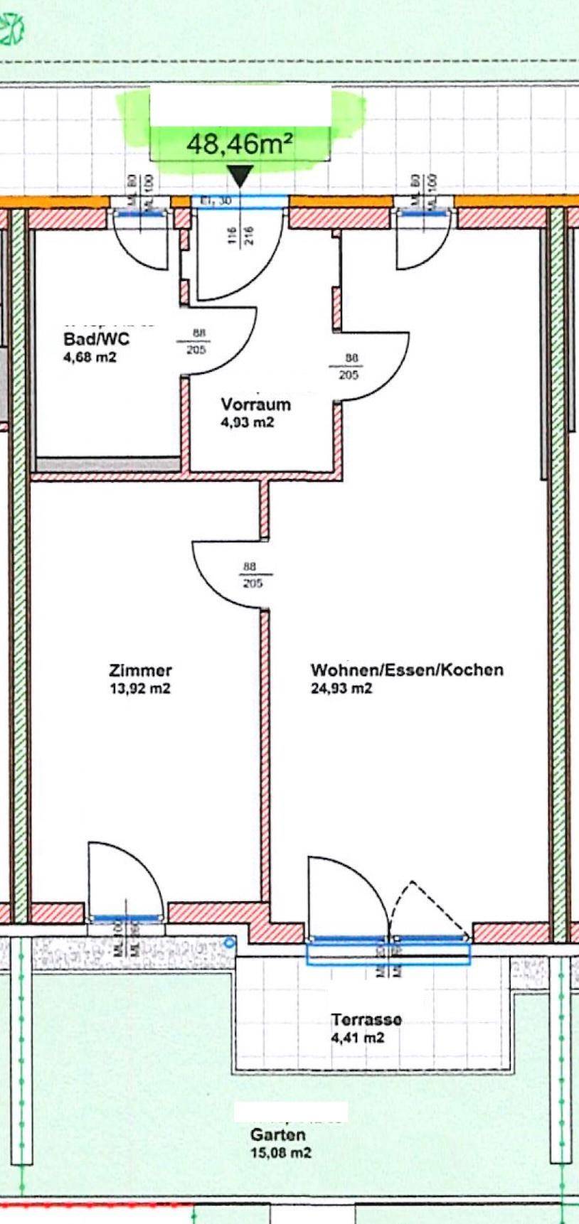 Detaillierter Grundriss einer Wohnung mit Zimmern, Bad, Terrasse und Garten, inklusive Flächenangaben.