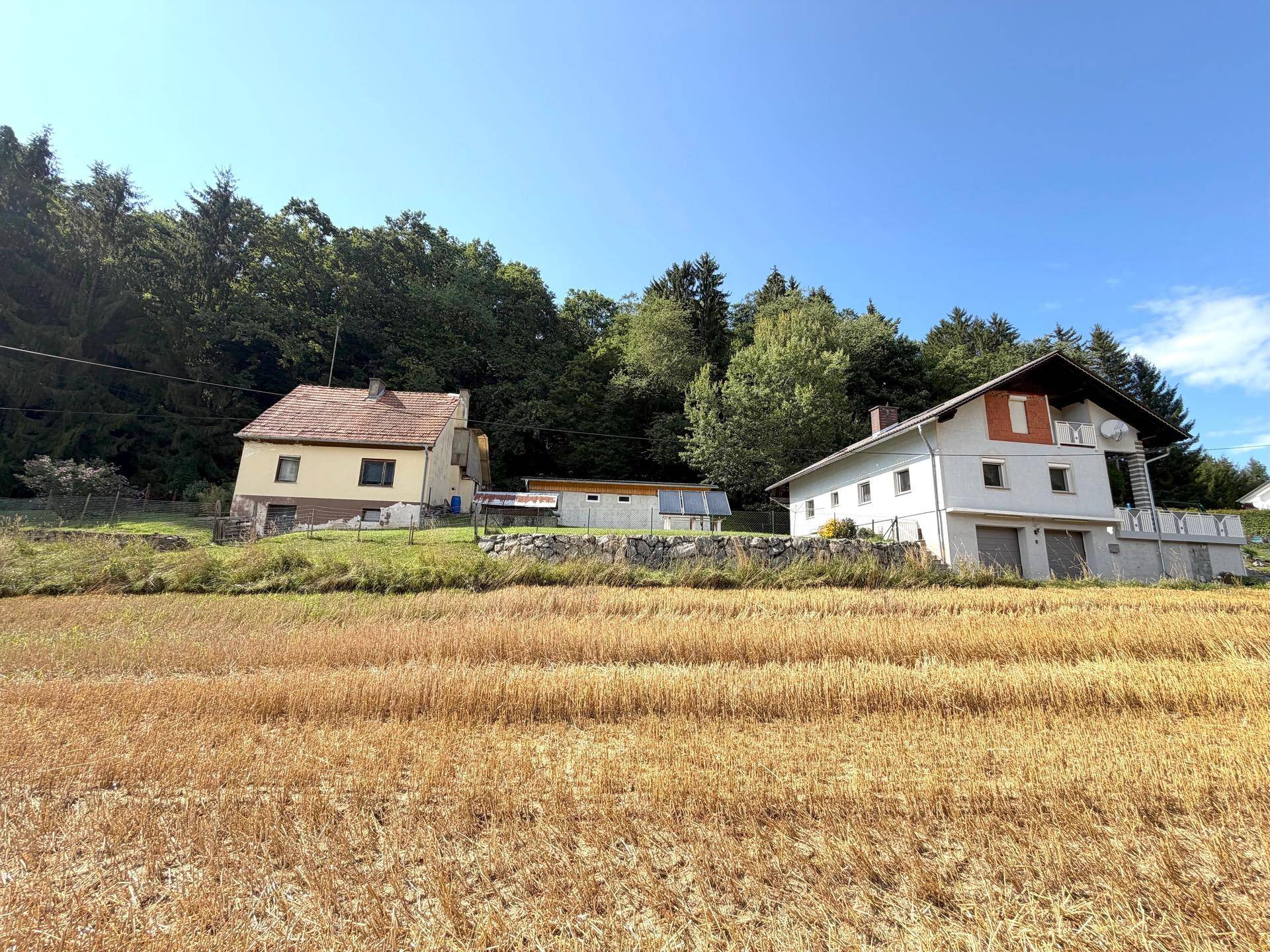 Weitläufiger Blick auf das Haus und ein Nachbargebäude, umgeben von Feldern und Wald.