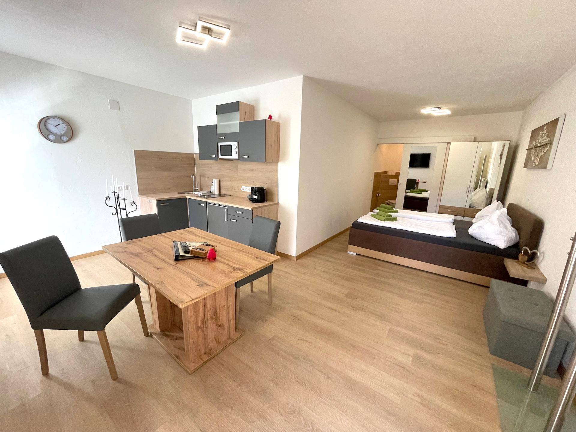 Ein offenes Studio-Apartment mit Küchenzeile, Essbereich und Schlafbereich.