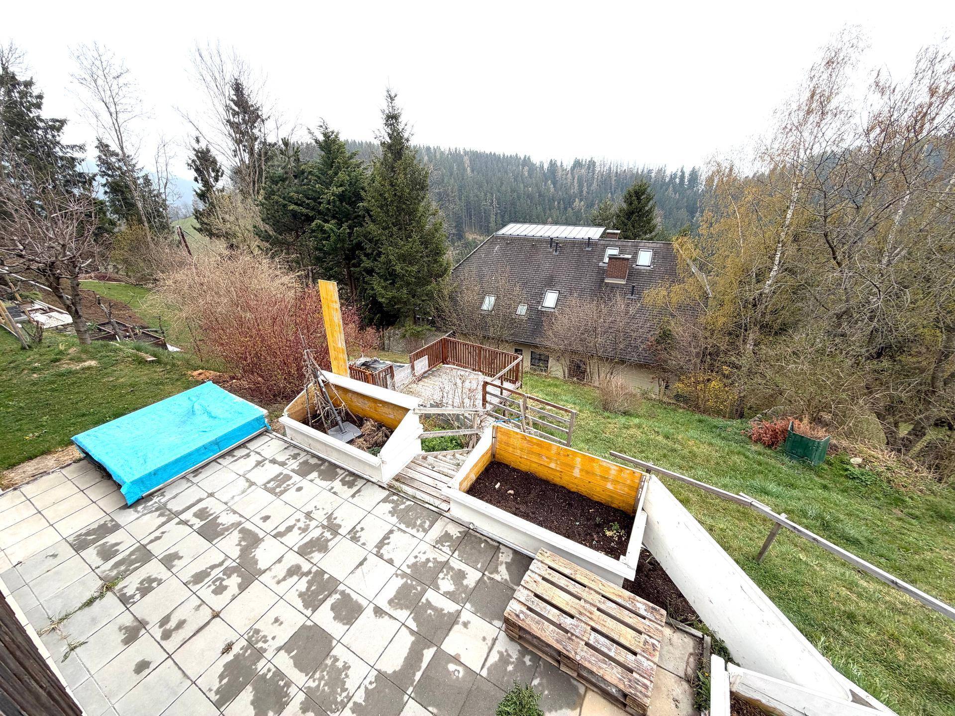Große Steinterrasse mit Hochbeeten und Blick auf das bewaldete Grundstück und das Haus.