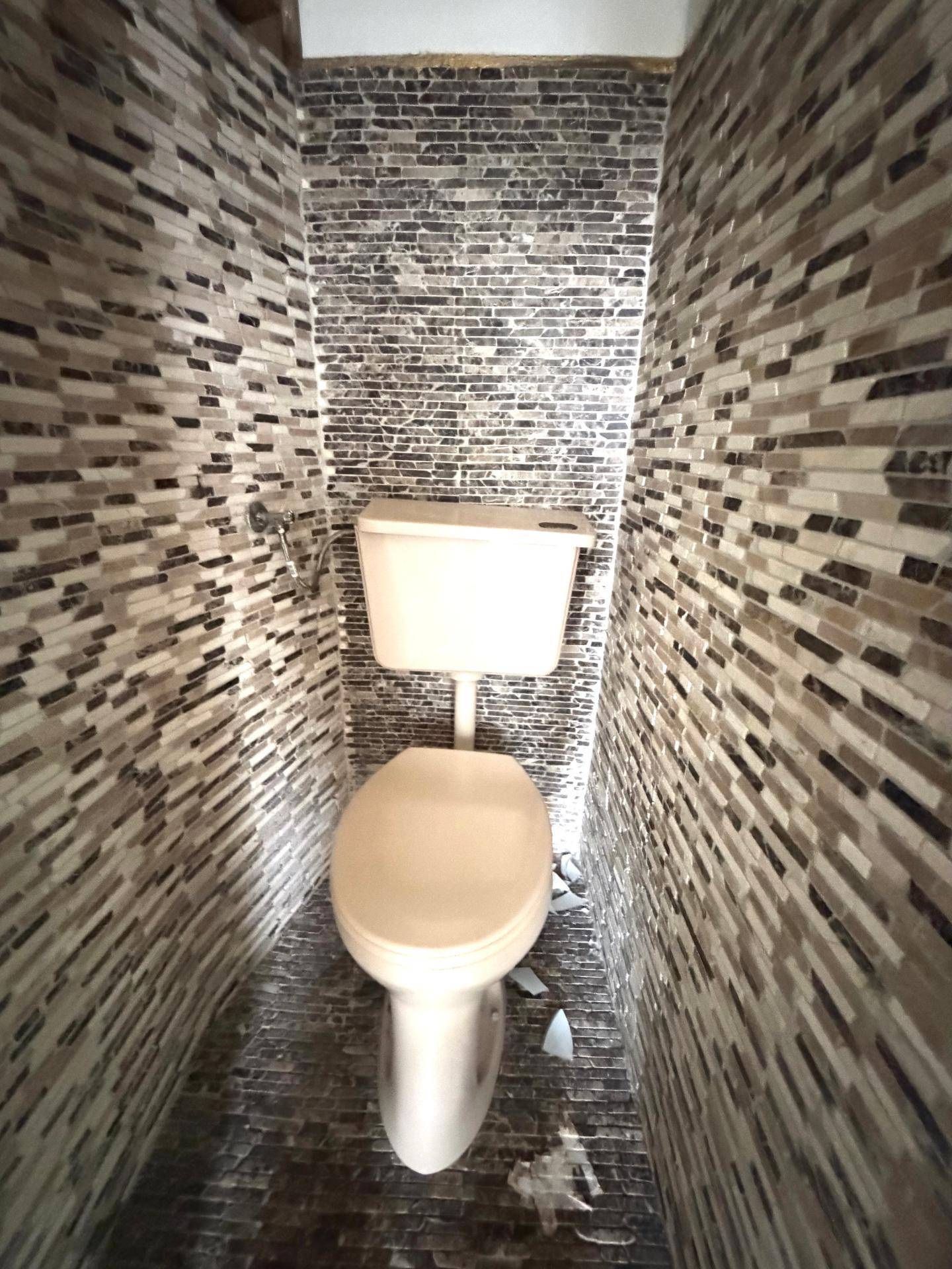 Enger Toilettenraum mit Mosaikfliesen an den Wänden und einem WC in einfacher Ausführung.