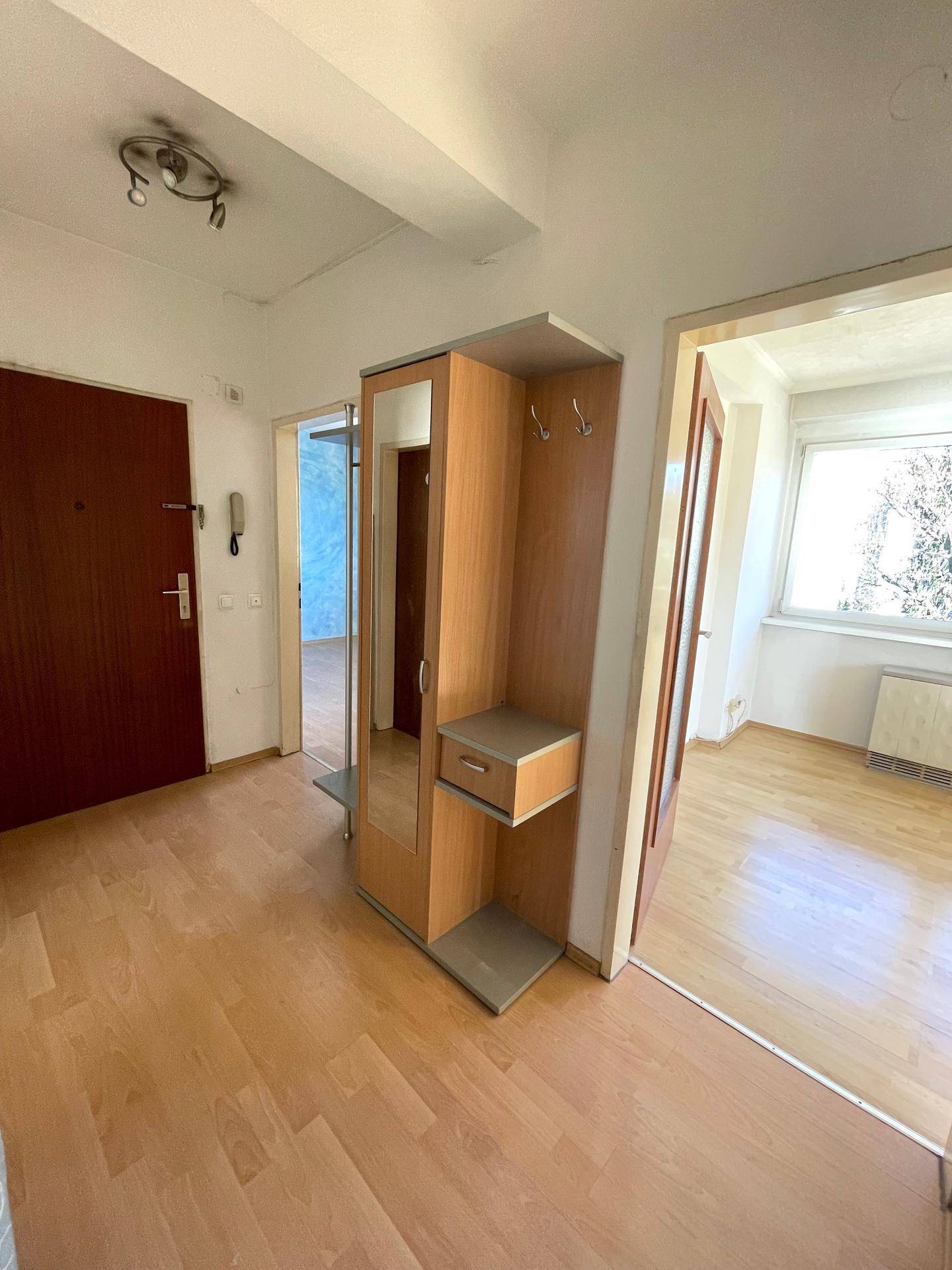 Freundlicher Eingangsbereich mit Parkettboden und Garderobenschrank.