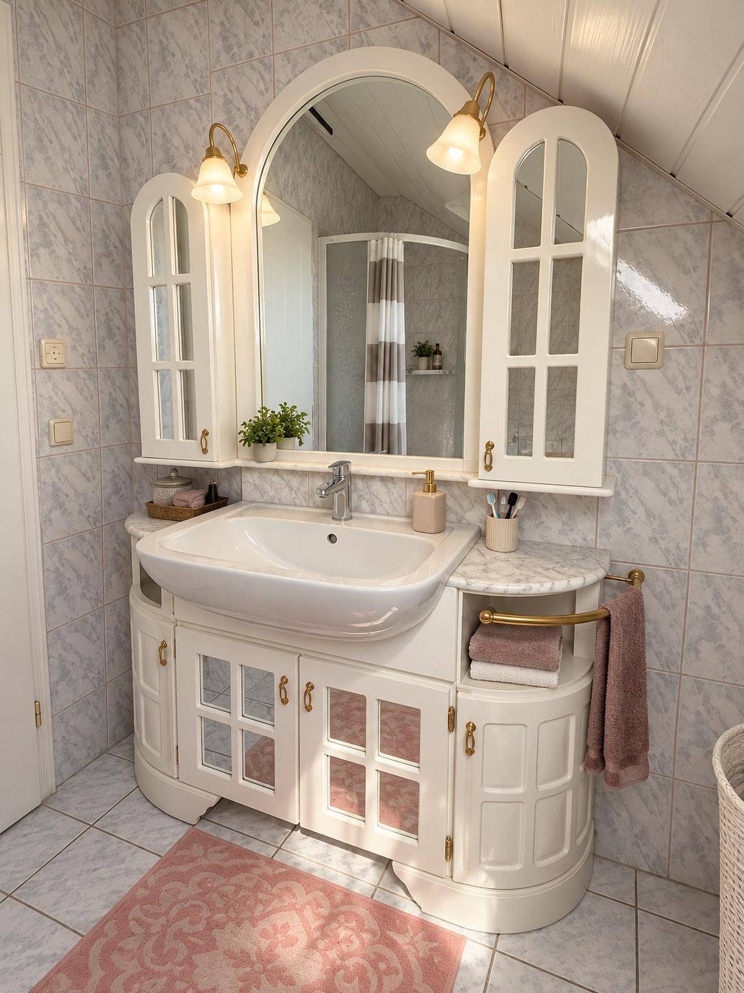 Badezimmer mit weißem Waschtisch, Spiegelschrank und hellen Fliesen an Wänden und Boden.