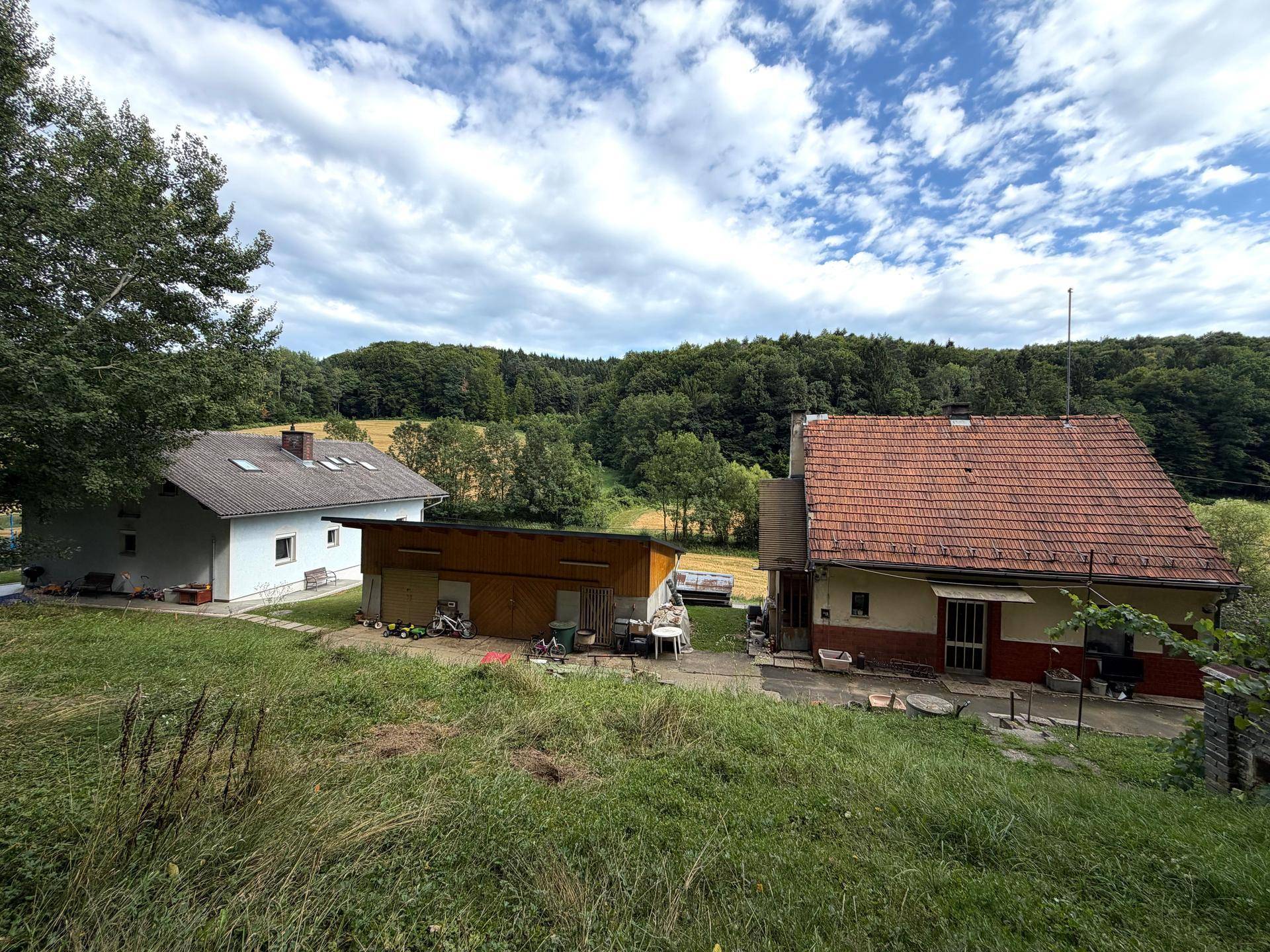 Weitläufige Ansicht zweier Häuser und eines Nebengebäudes in ländlicher Umgebung mit viel Grün.