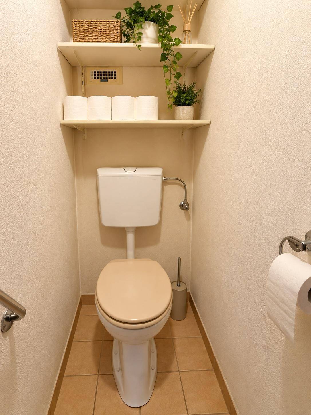 Kleines Gäste-WC mit Toilette, Fliesenboden und praktischen Wandregalen für Stauraum.