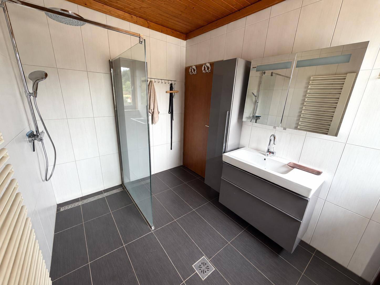 Modernes Badezimmer mit ebenerdiger Dusche, Waschbecken und Spiegelschrank.