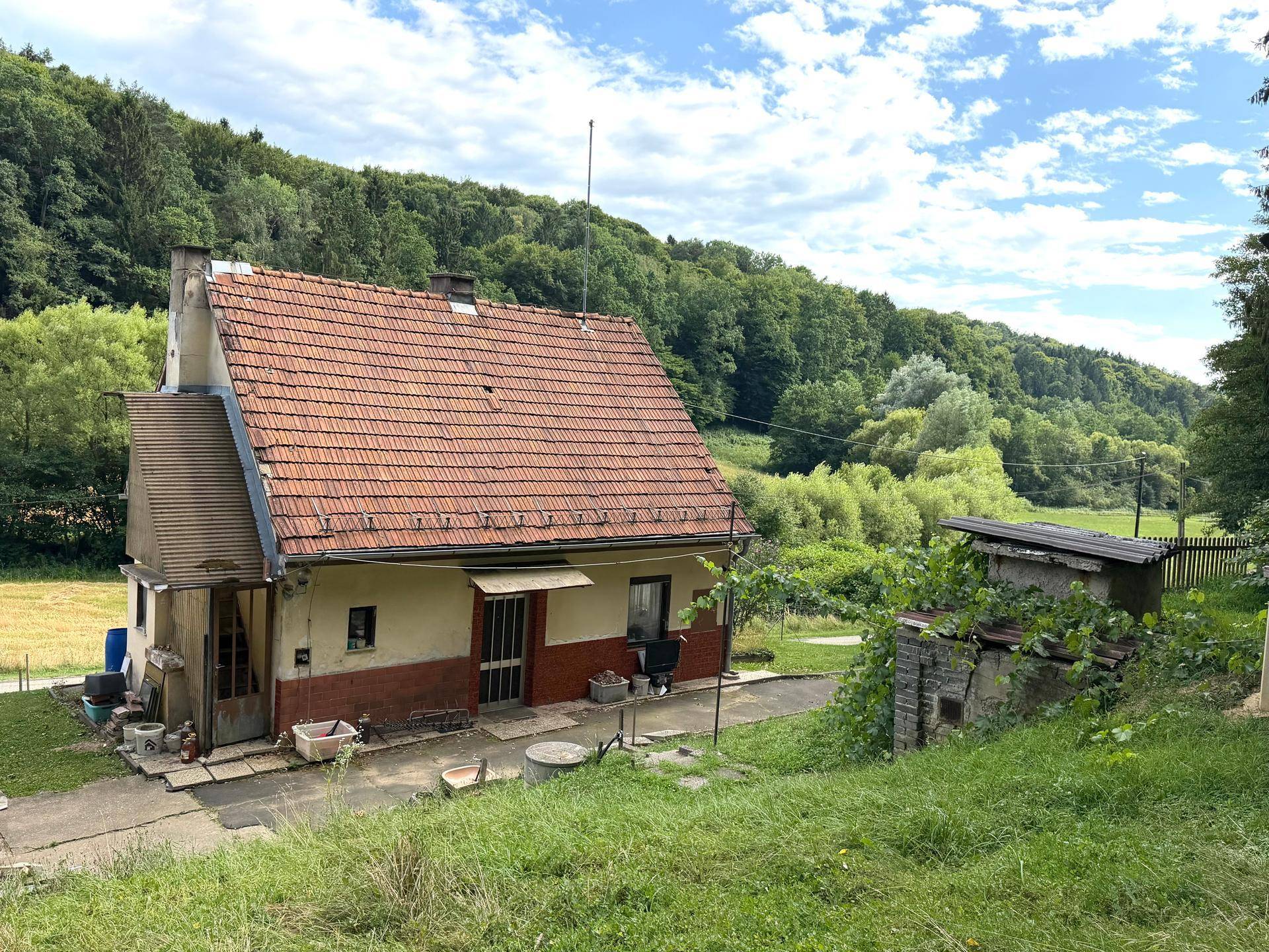 Rückansicht eines älteren Hauses mit Ziegeldach und kleinem Schuppen, umgeben von Natur.