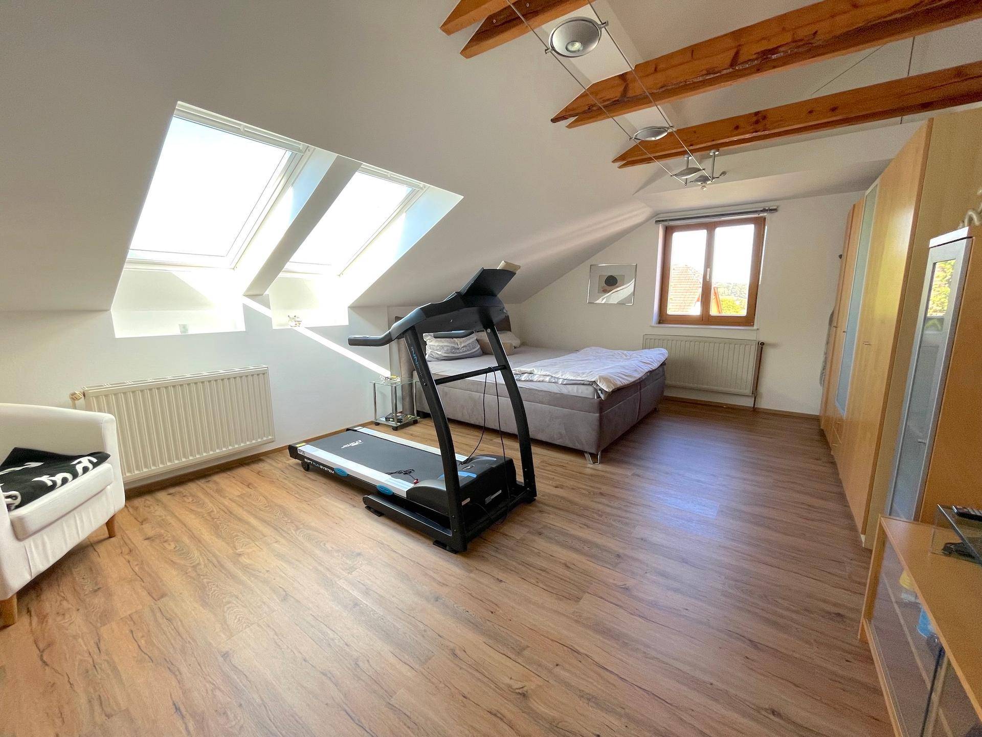 Helles Schlafzimmer im Dachgeschoss mit Dachfenstern, Holzboden und Fitnessgerät für aktive Bewohner.