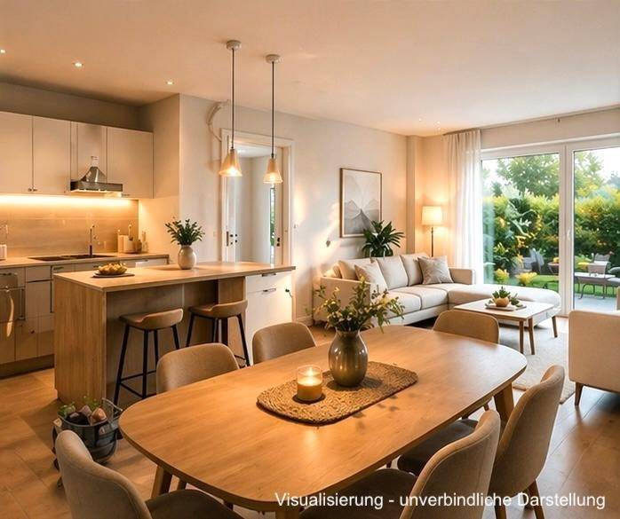 Gemütlicher Wohn- und Essbereich mit moderner Küche und direktem Zugang zur Terrasse.