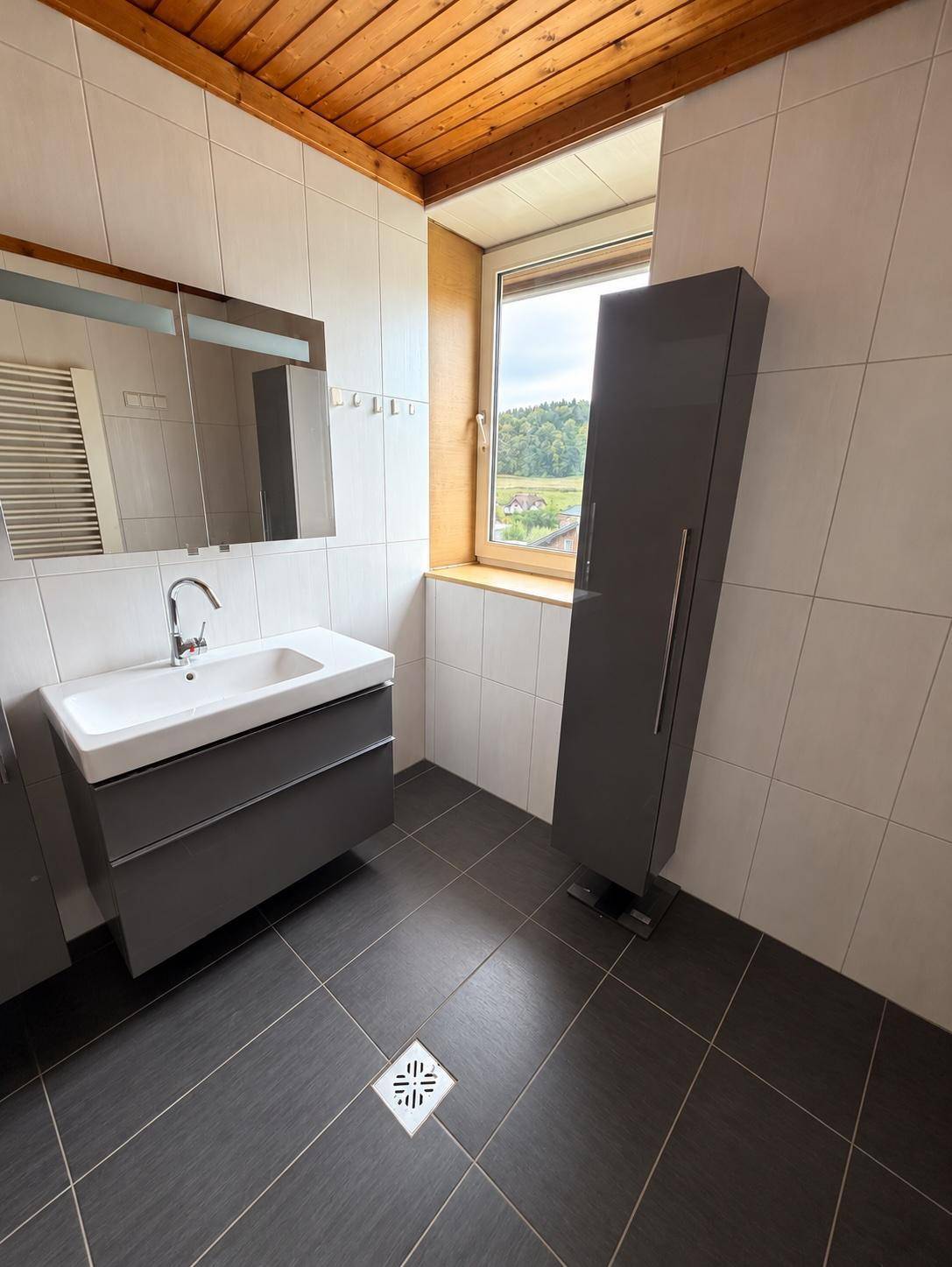 Modernes Badezimmer mit Waschbecken, Spiegelschrank und Fenster mit Ausblick.