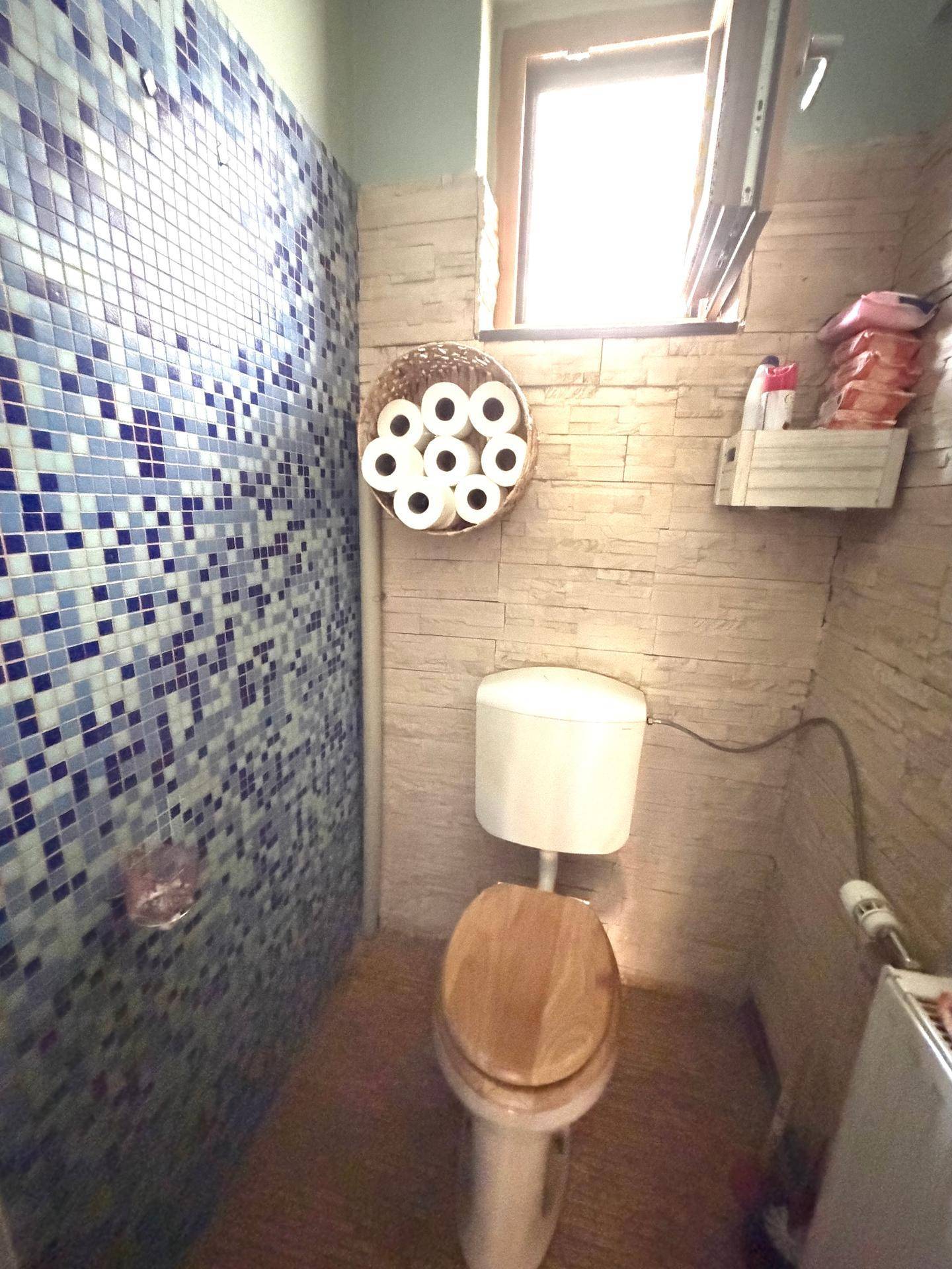 Kleines WC mit blauen Mosaikfliesen, Fenster und einfacher Ausstattung.