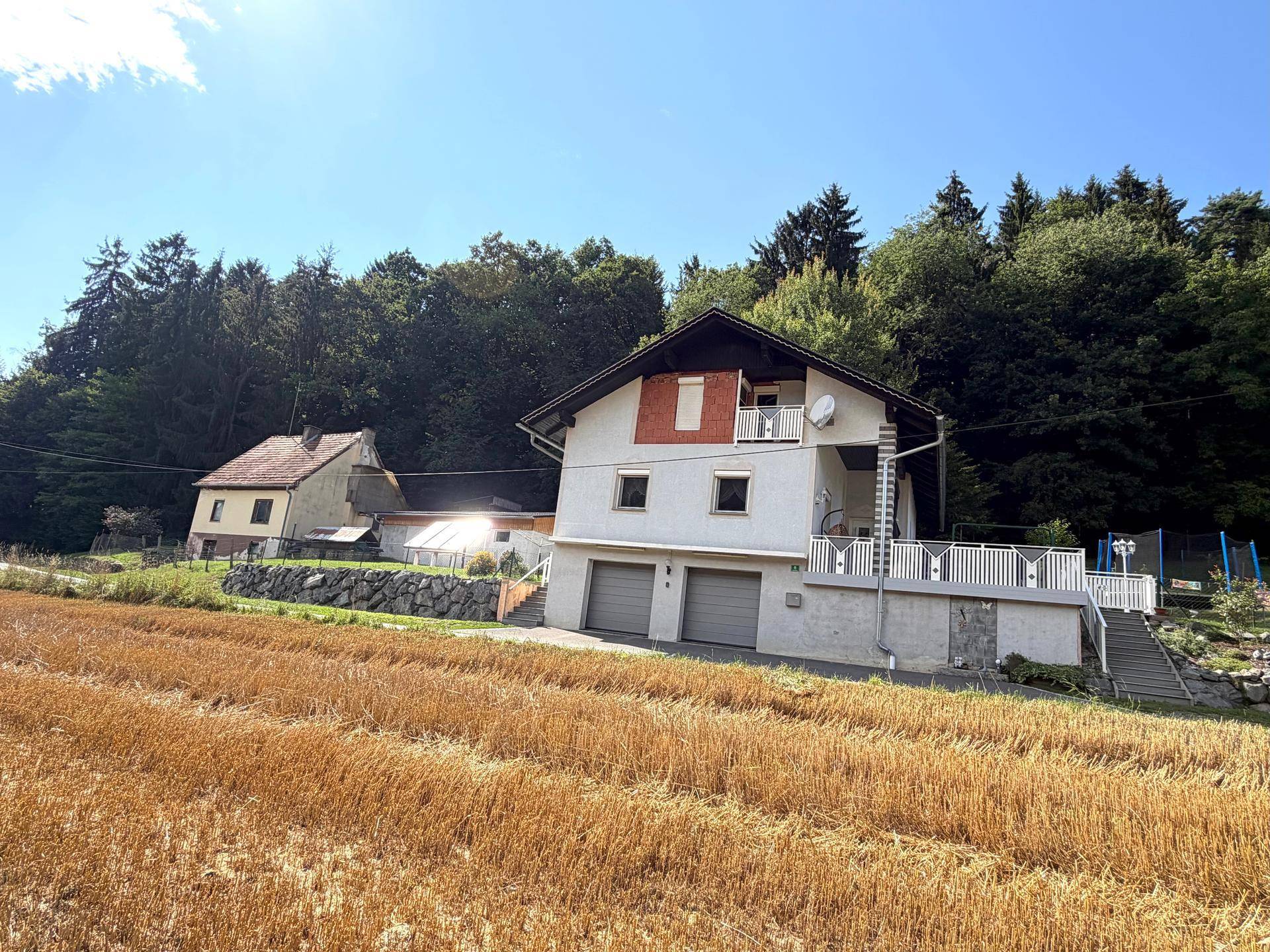 Ansicht des Haupt- und eines älteren Hauses, umgeben von Feldern und Wald unter blauem Himmel.