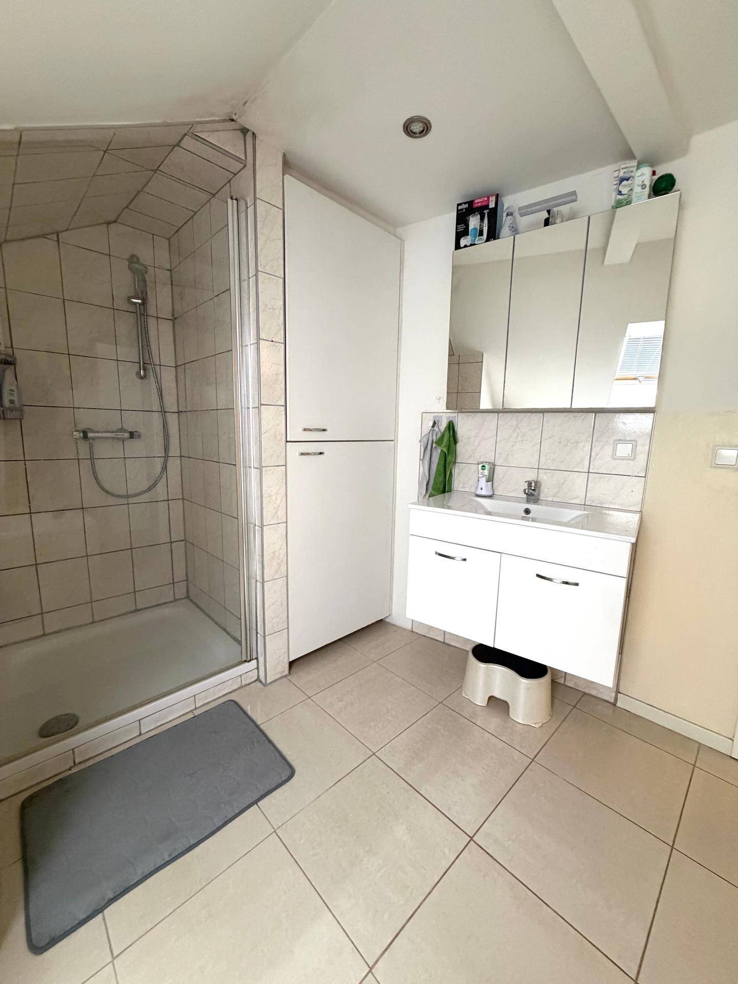 Badezimmer mit Duschkabine, Waschbecken und Spiegelschrank, hell gefliest.