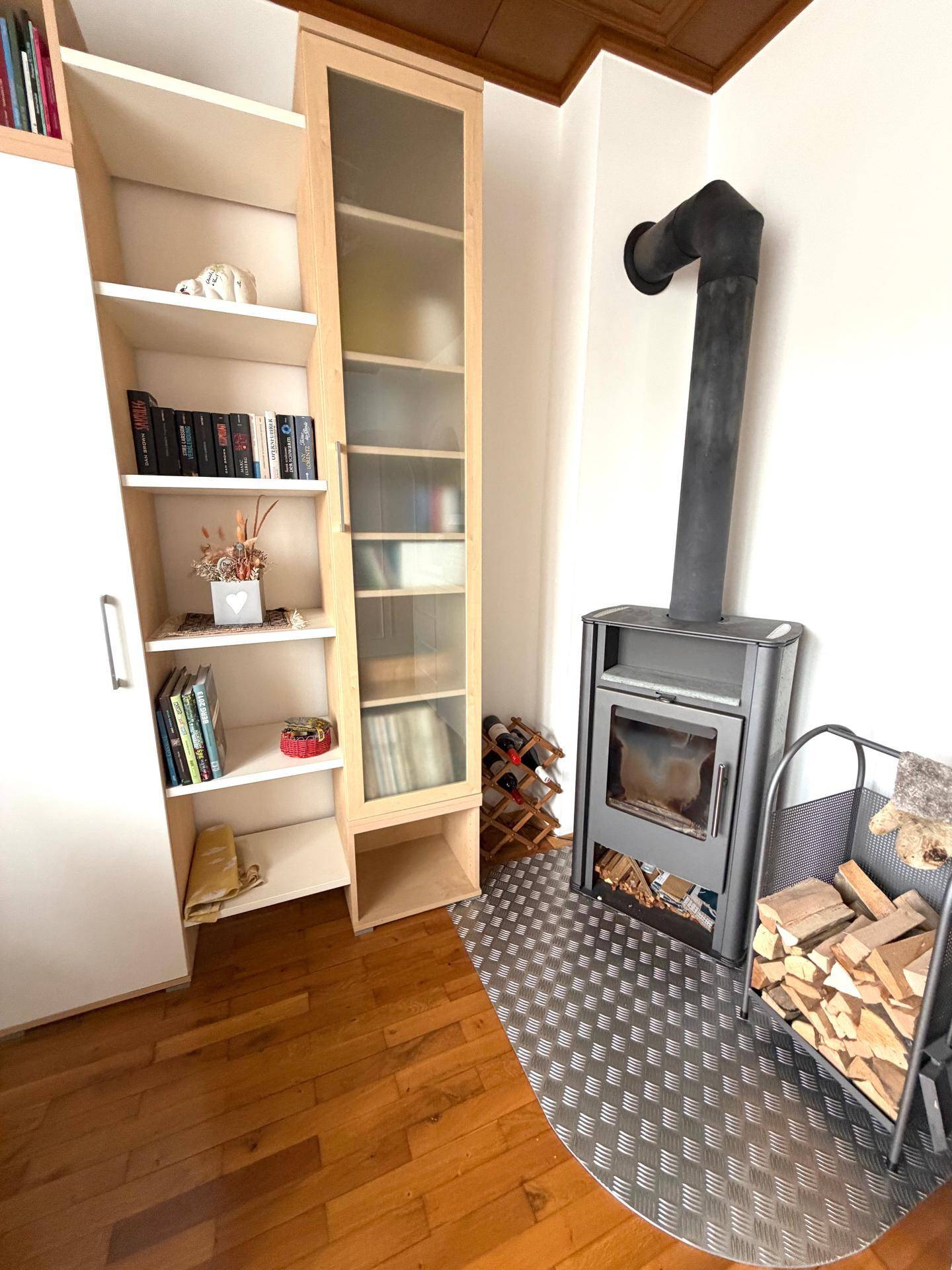 Detailansicht des modernen Kaminofens mit Holzscheiten und Bücherregal.