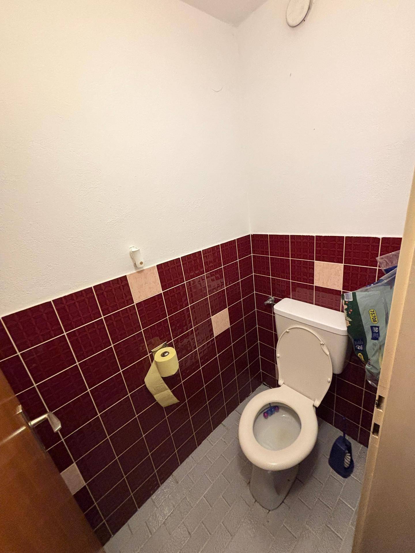 Kleines separates WC mit Toilette und rot-rosa gefliesten Wänden.