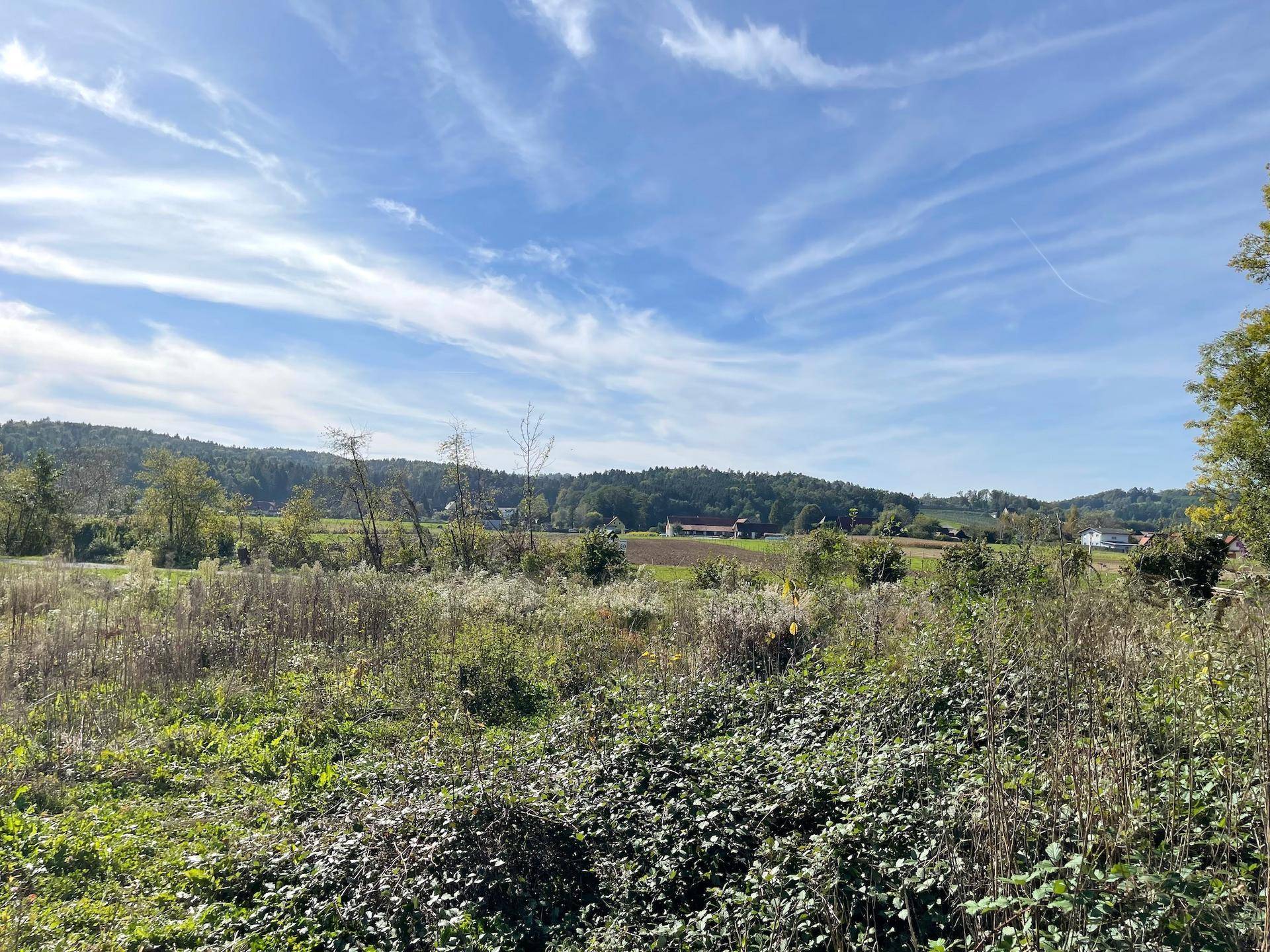 Weitläufiges, unbebautes Grundstück mit Blick auf die hügelige, grüne Landschaft und den blauen Himmel.