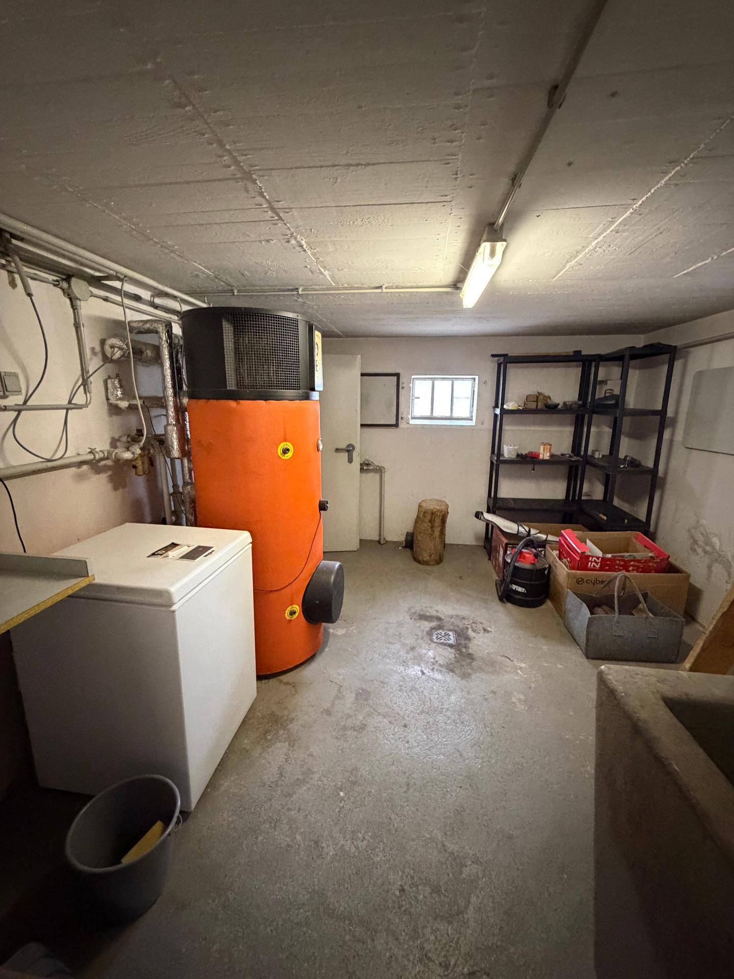 Kellerraum mit Heizungsanlage, Gefrierschrank und Regalen für Lagerzwecke.