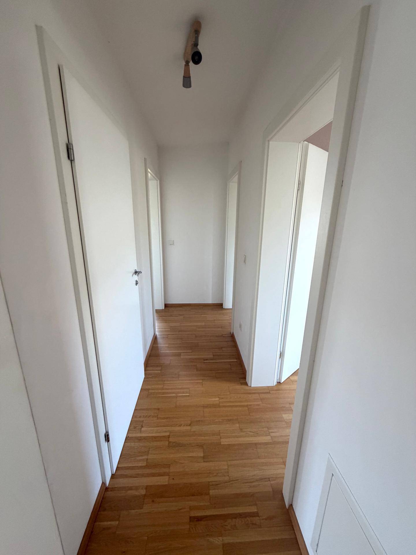 Langer Flur mit Holzboden und mehreren Türen zu den angrenzenden Räumen.