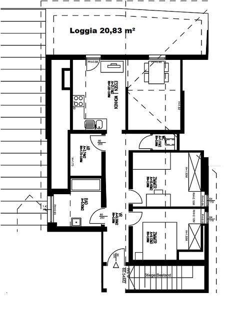 Grundriss der Wohnung mit Loggia, offener Küche, Bad und zwei Zimmern.