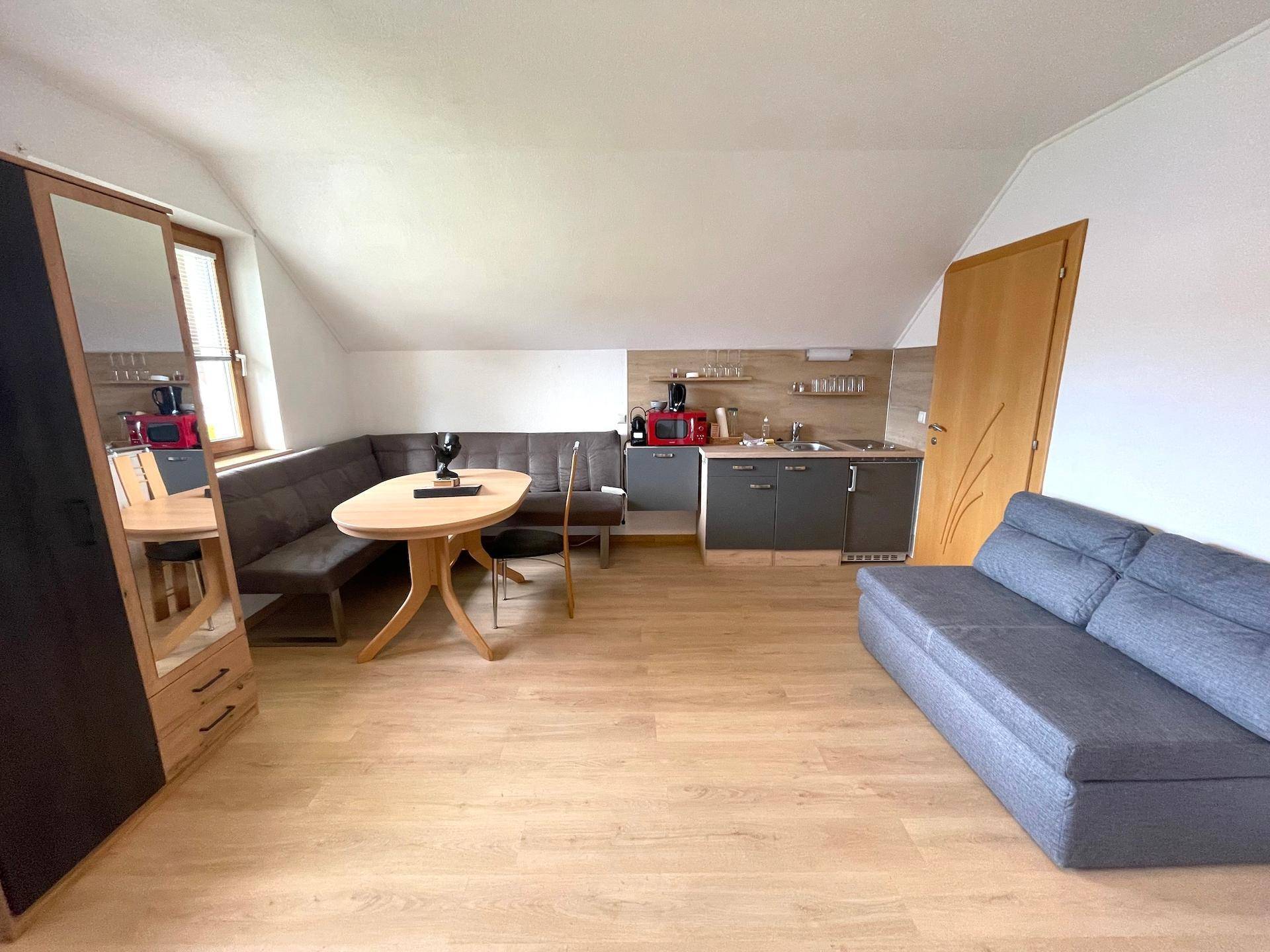 Ein offener Wohnbereich mit Küchenzeile, Essecke und Schlafsofa im Dachgeschoss.