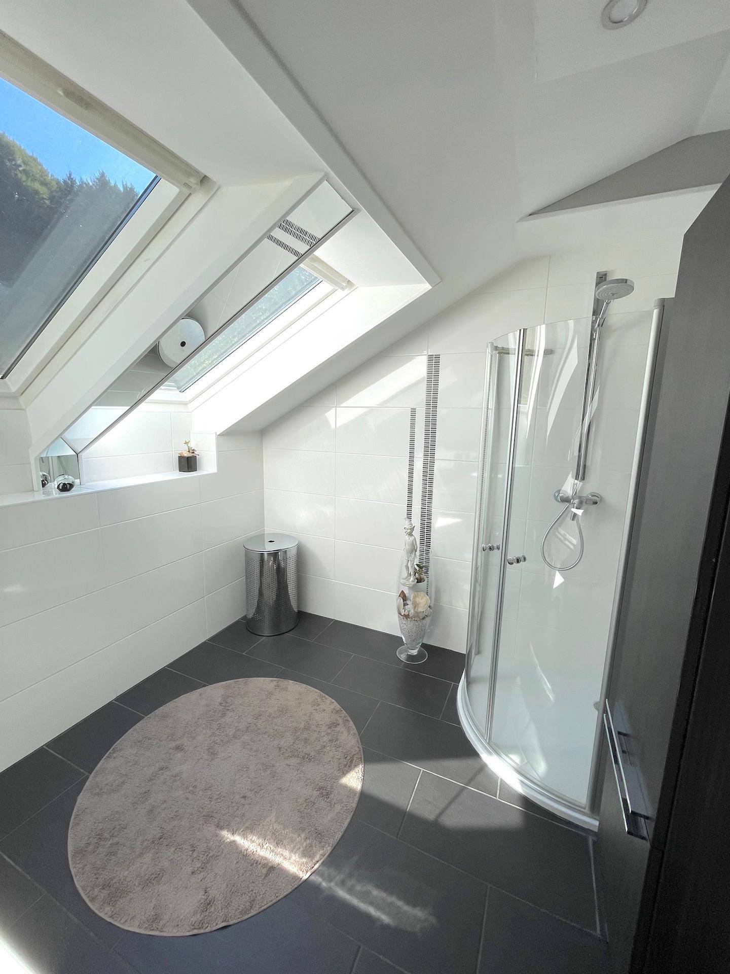 Modernes Badezimmer im Dachgeschoss mit Dusche, dunklen Fliesen und großen Dachfenstern.