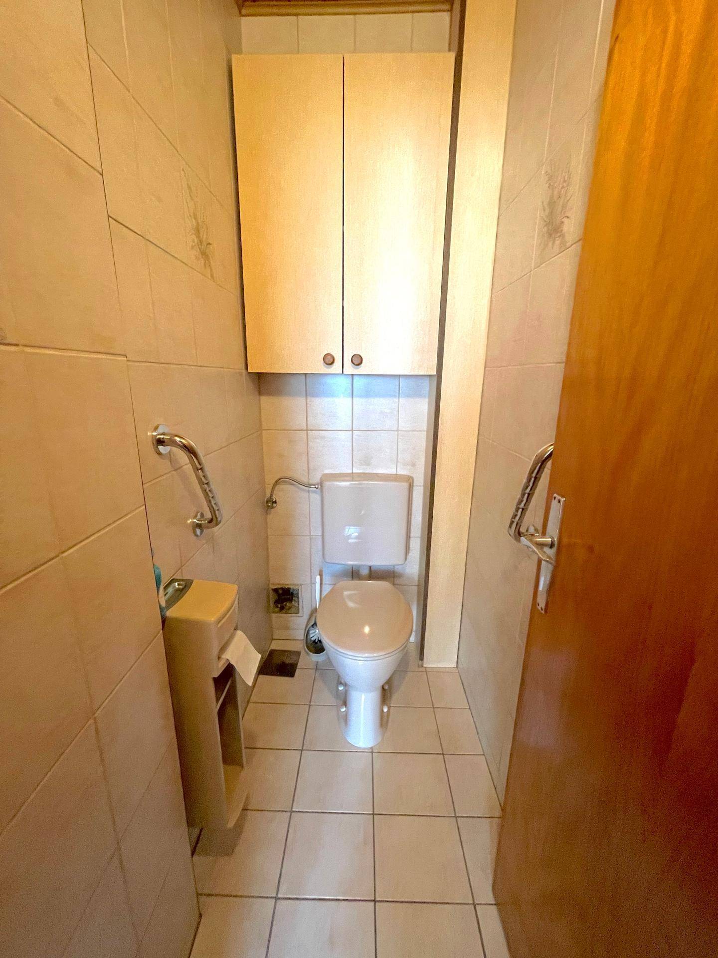 Separate Toilette mit Wand-WC, kleinen Fliesen und einem Hängeschrank.