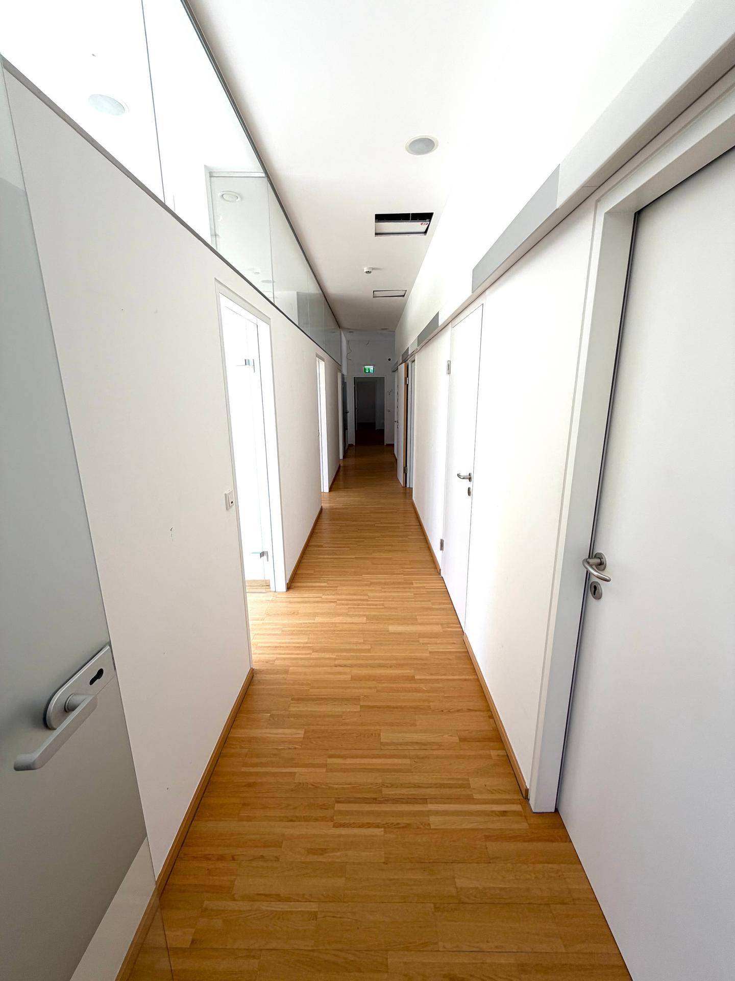 Langer, heller Flur mit Holzfußboden und weißen Wänden, der zu verschiedenen Räumen führt.