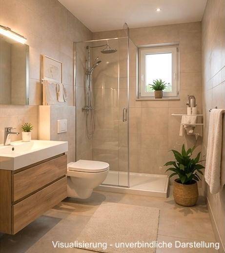 Modernes Badezimmer mit begehbarer Dusche, Einzelwaschbecken und Fenster für Tageslicht.