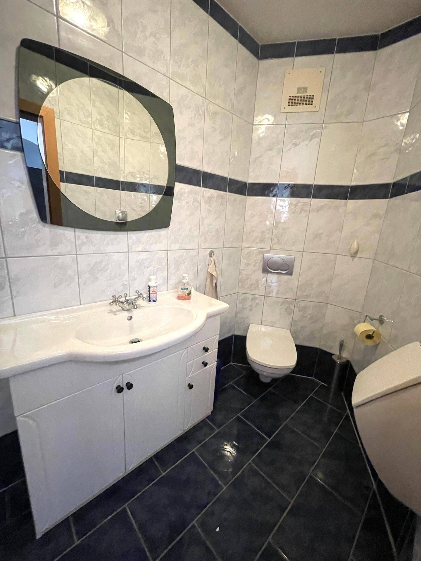 Eine moderne Gästetoilette mit dunklen Bodenfliesen und weißem Waschtischunterschrank.