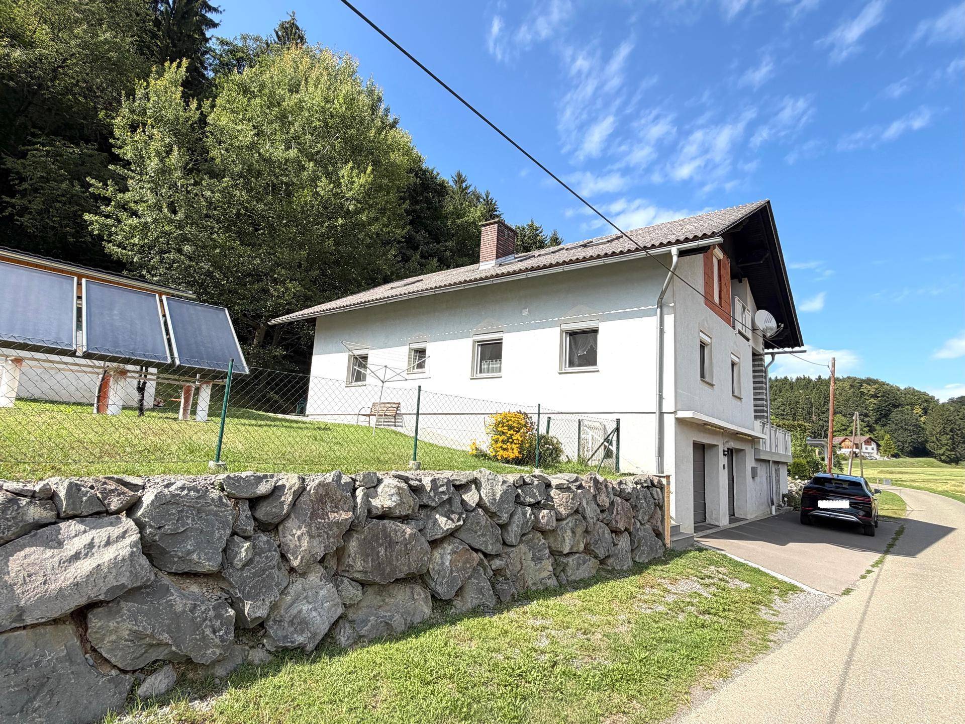 Ansicht des Hauses von der Straße mit Natursteinmauer und angrenzendem Wald.