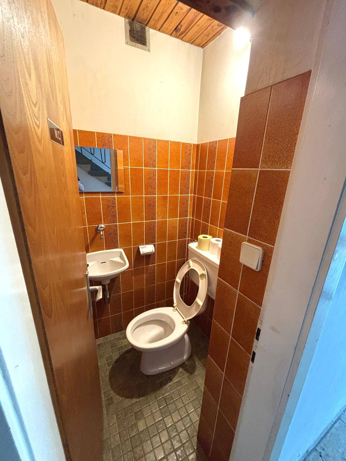 Kleine Gästetoilette mit orangefarbenen Fliesen und kleinem Waschbecken.
