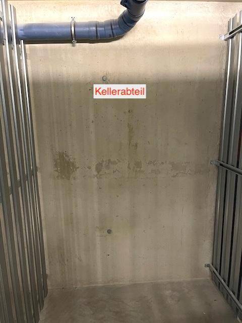Einfaches Kellerabteil mit Betonwänden und Metallgittern, ideal als zusätzlicher Stauraum.
