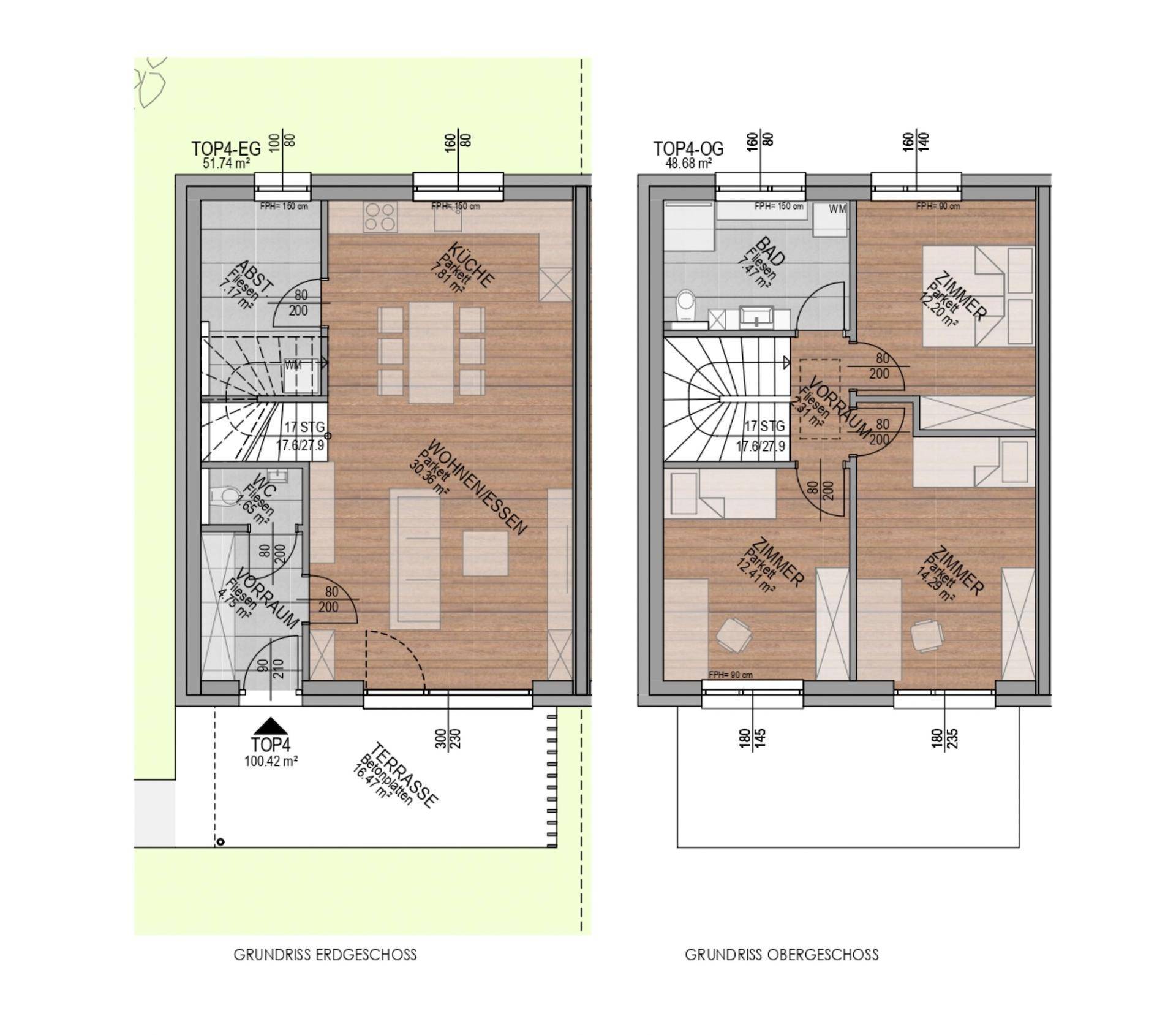 Detaillierter Grundriss des Erd- und Obergeschosses mit Raumaufteilung und Flächenangaben.