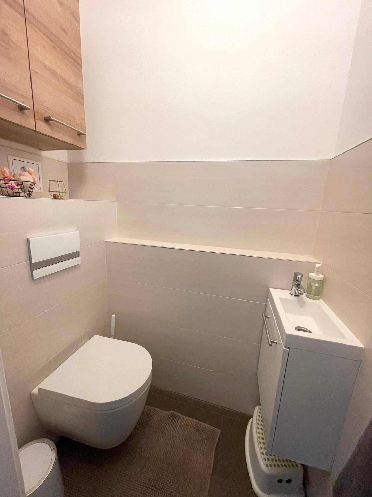 Gäste-WC mit modernem Wand-WC und kleinem Handwaschbecken.