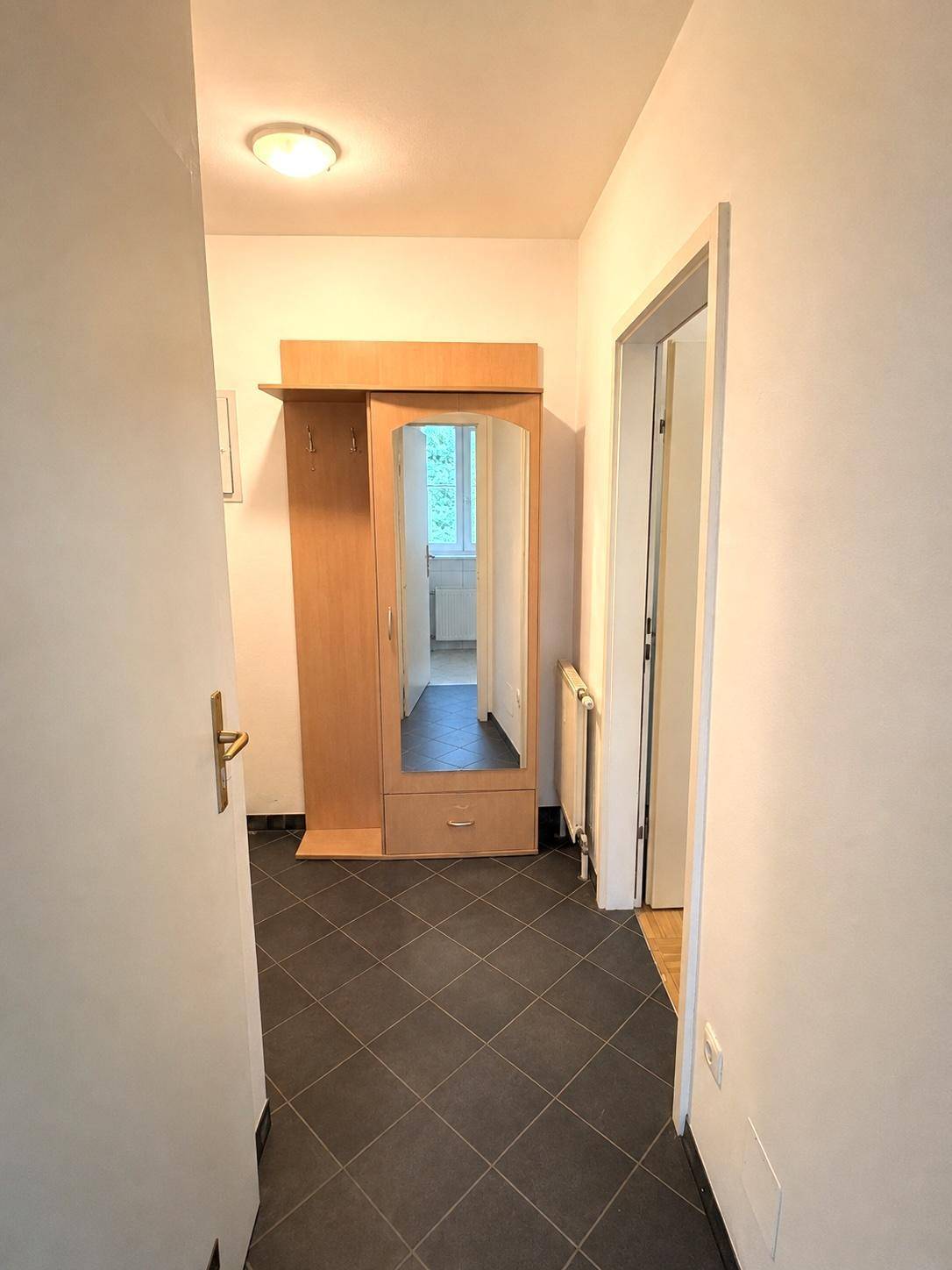 Schmaler Flur mit Garderobe und Spiegel, der zu weiteren Räumen führt.