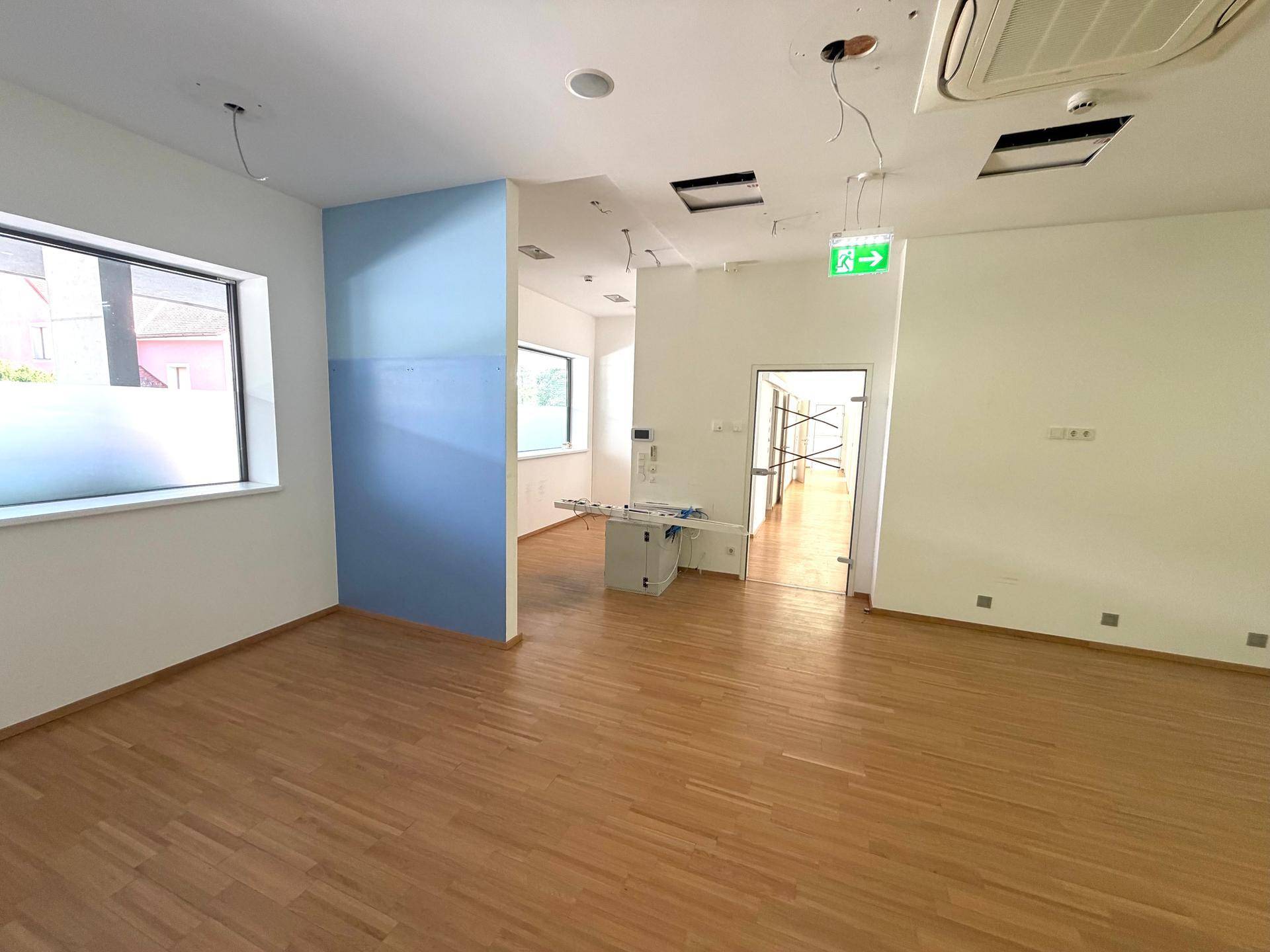 Großzügiger offener Bürobereich mit Holzfußboden, blauer Akzentwand und mehreren Fenstern.