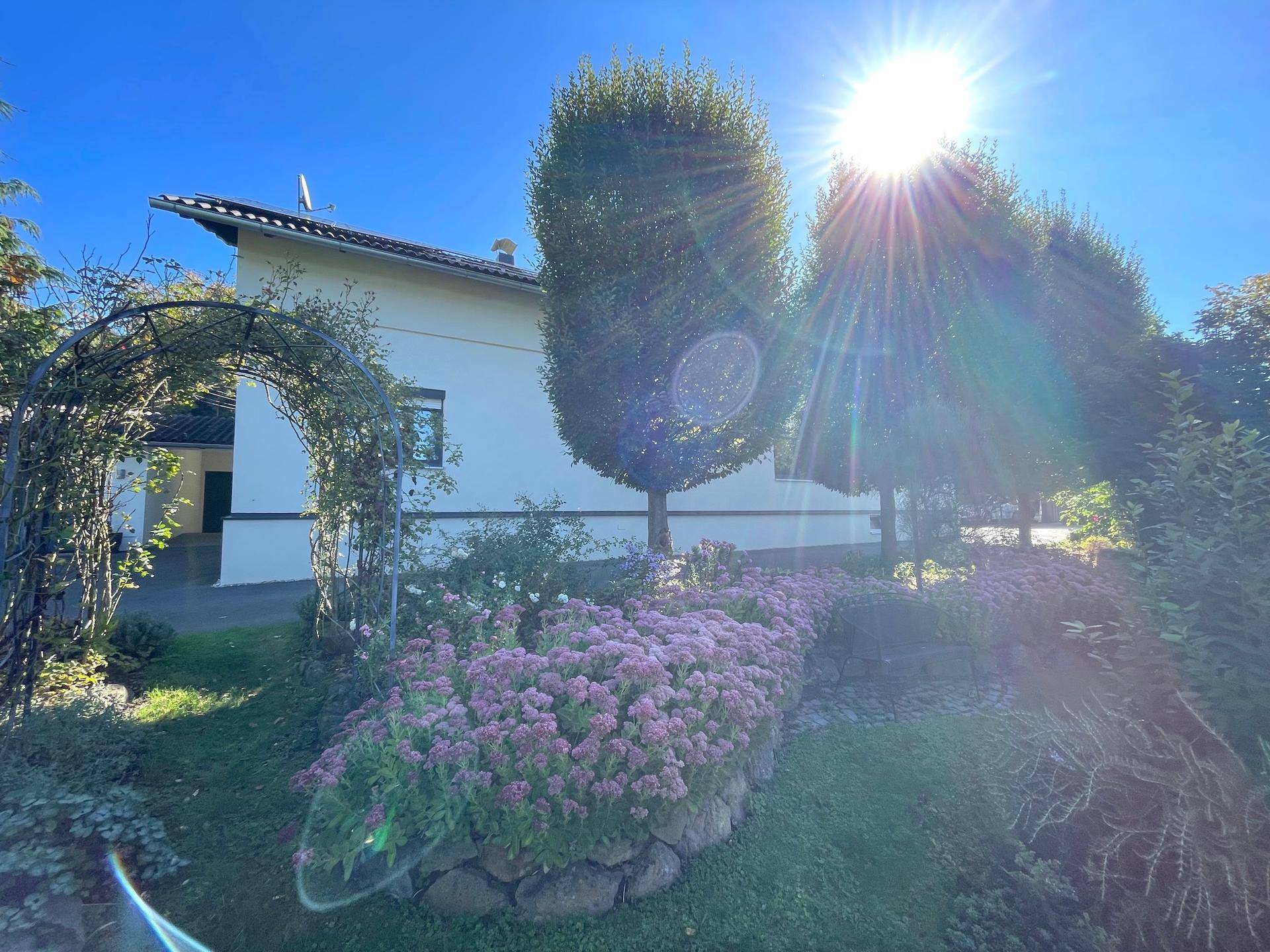 Attraktives Haus mit gepflegtem Vorgarten, blühenden Pflanzen und hohen Bäumen unter strahlendem Himmel.