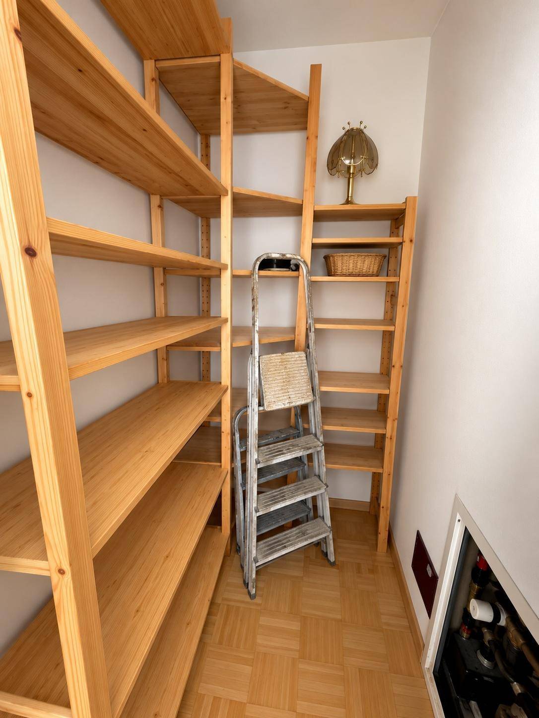 Praktischer Abstellraum mit vielen Holzregalen und einer kleinen Leiter für zusätzlichen Stauraum.