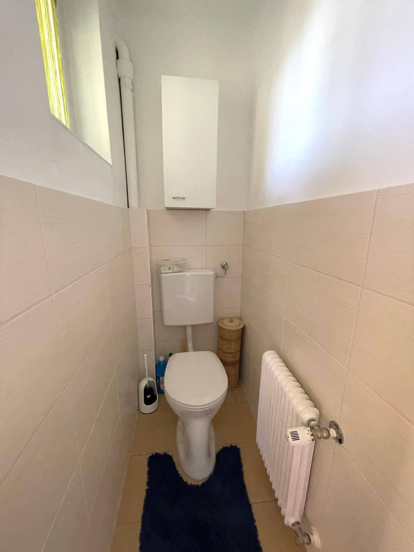 Kleines WC mit Toilette, Heizung und hellen Fliesen.