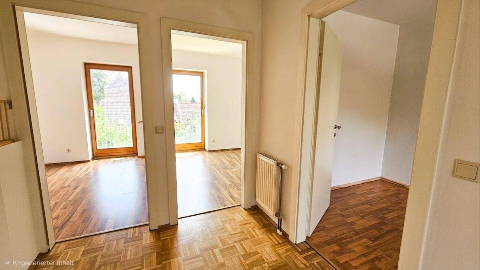 Heller Flur mit Parkettboden, der zu verschiedenen Zimmern mit Laminatboden führt.