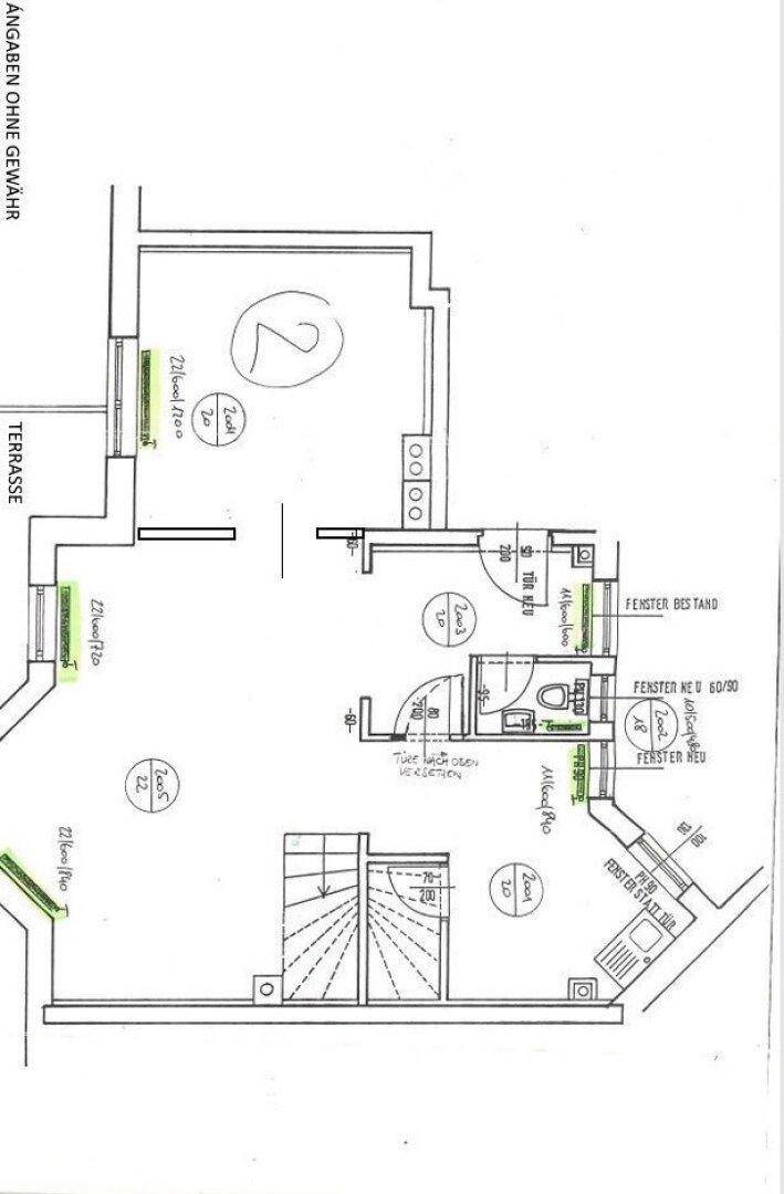 Grundrissplan mit Terrasse, Zimmern und Treppenaufgang.