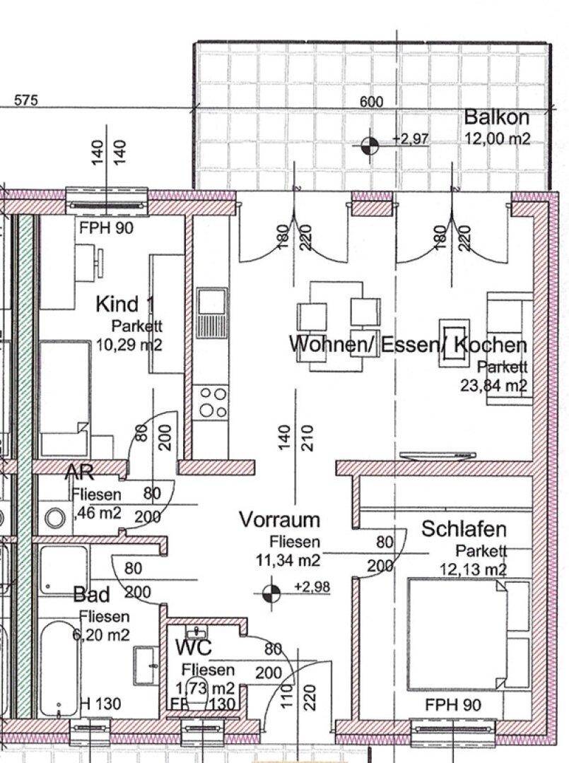 Grundriss einer Wohnung mit Balkon, drei Zimmern, Bad und separatem WC.